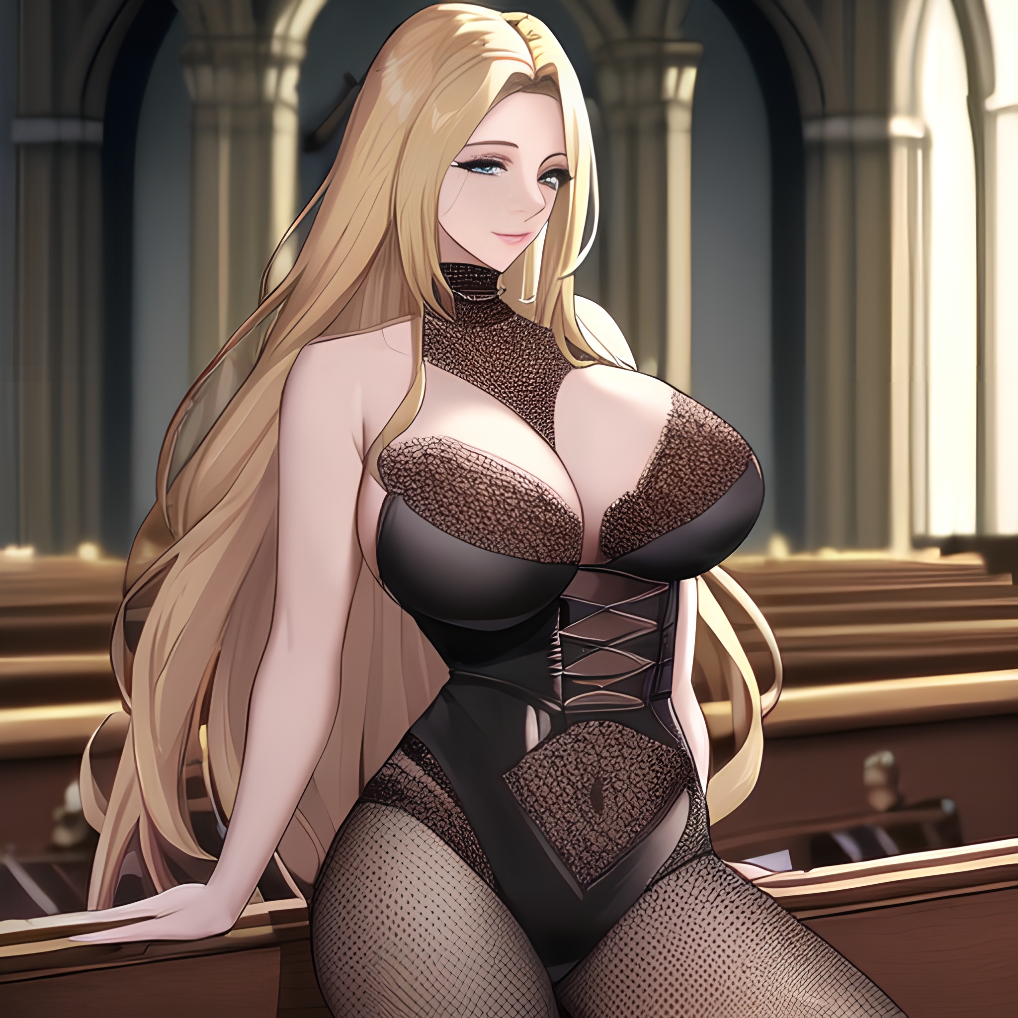 blonde front view fishnet small boobs long hair nude church woman