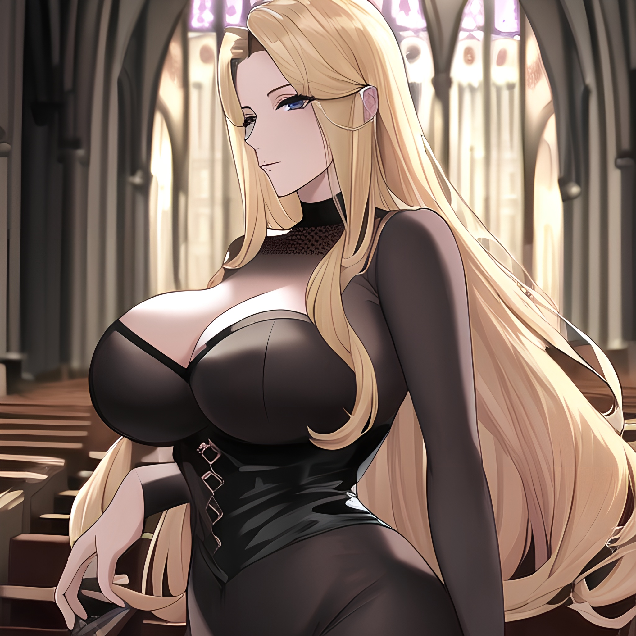 blonde front view fishnet woman long hair church small boobs nude 