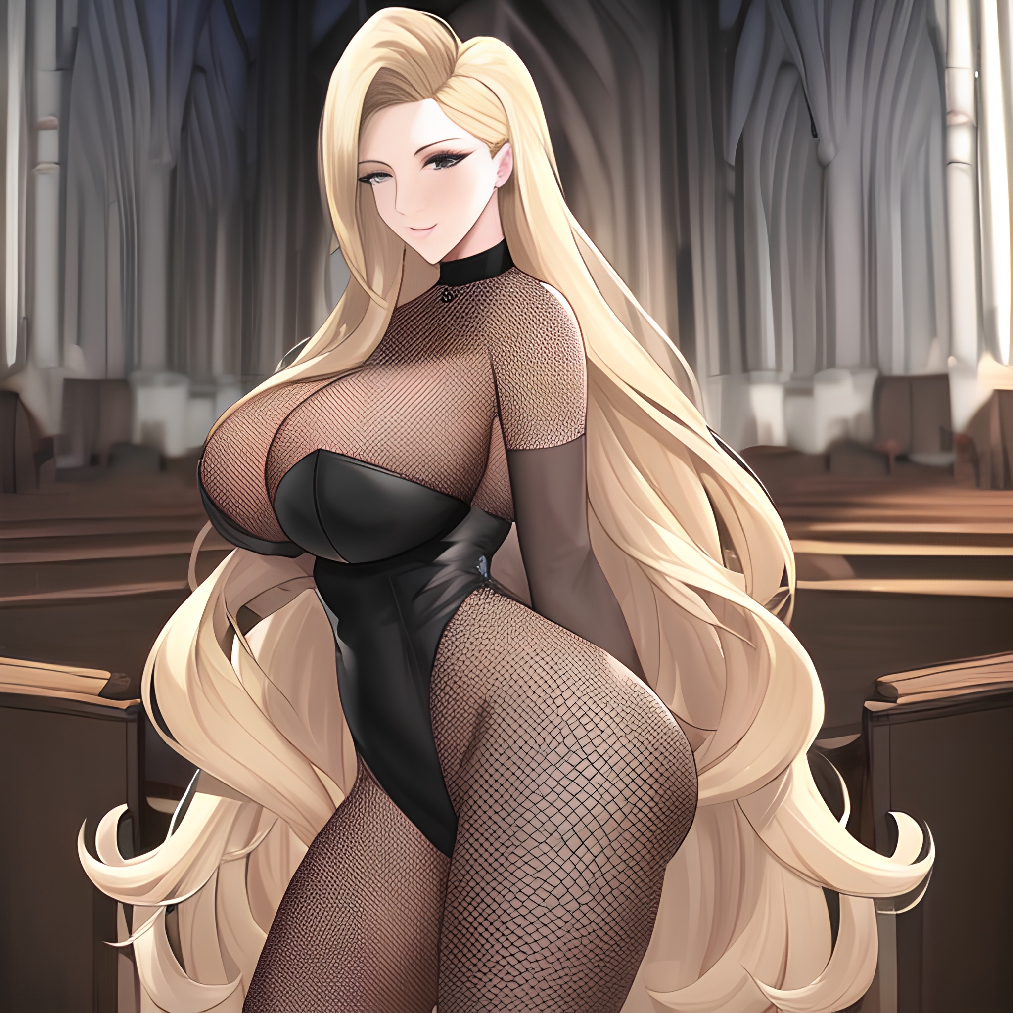 blonde front view long hair woman small boobs fishnet nude church 