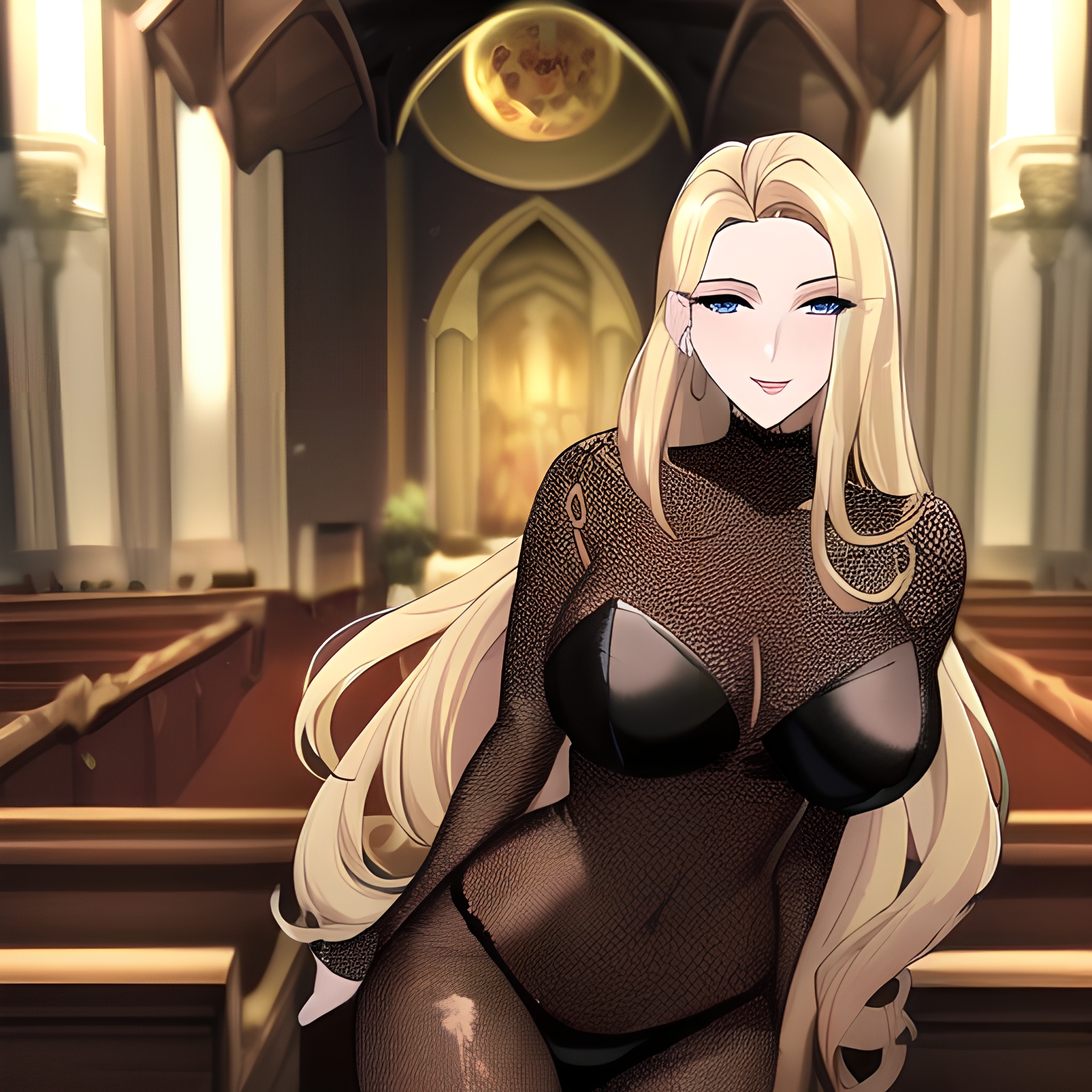 blonde front view nude small boobs woman church long hair fishnet 