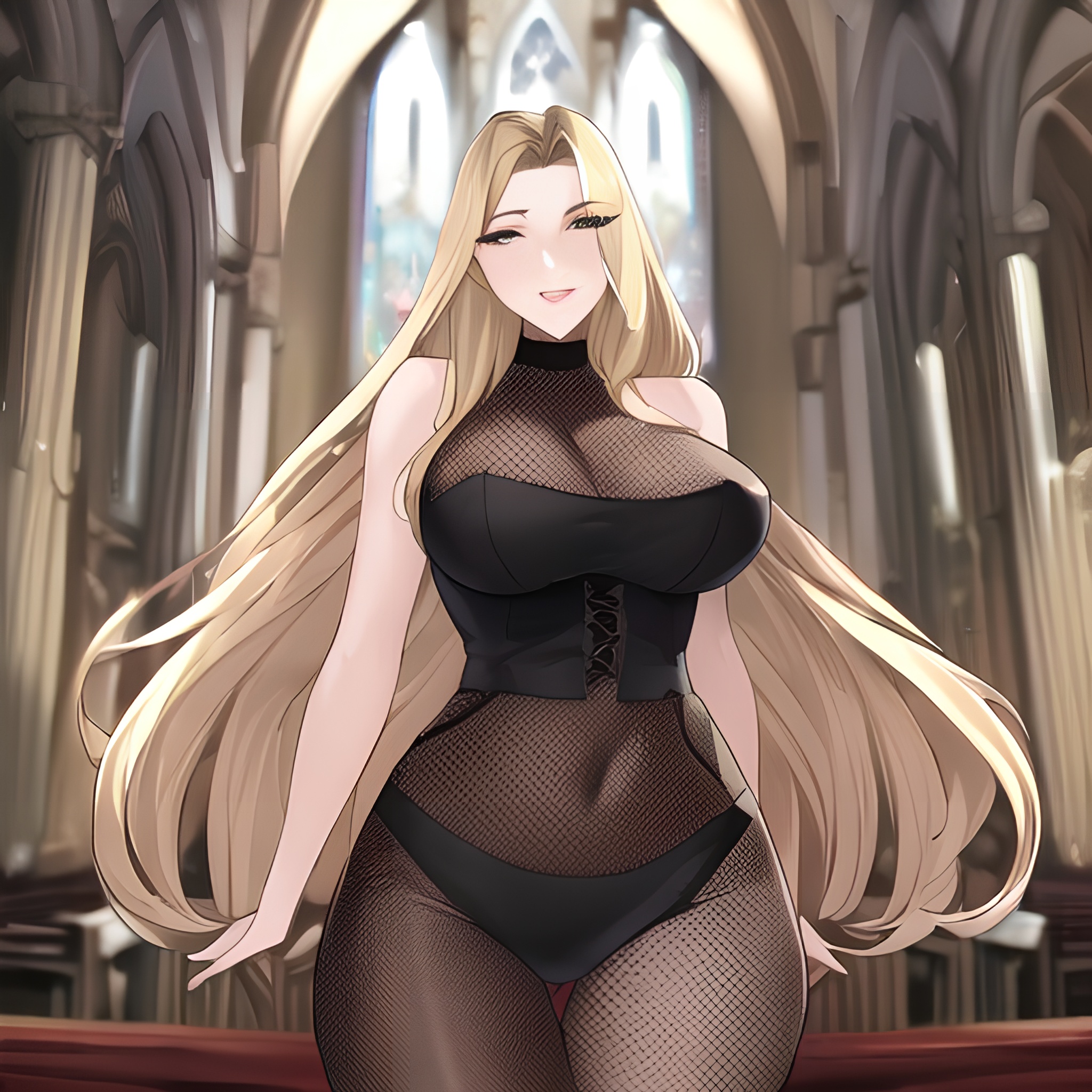 blonde front view small boobs fishnet long hair woman church nude 