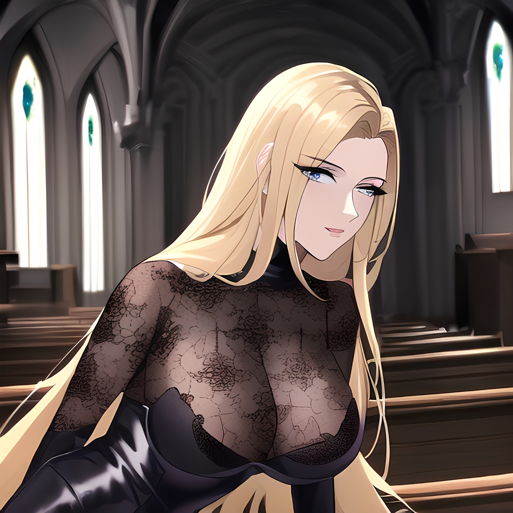 blonde front view small boobs fishnet woman long hair church nude 