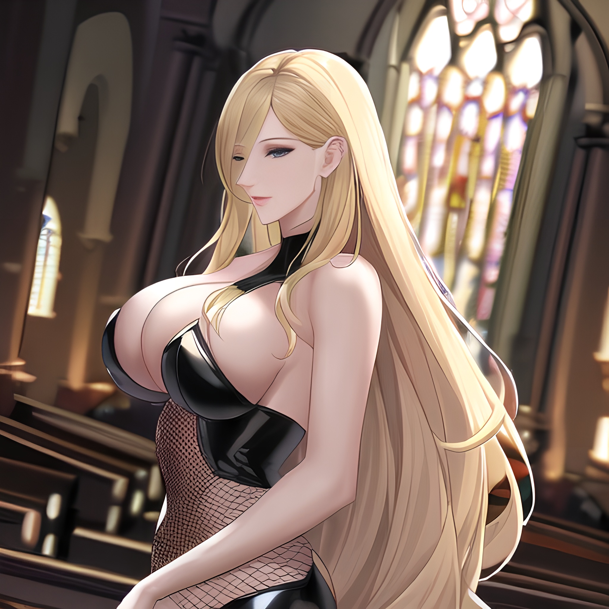 blonde front view small boobs long hair nude church woman fishnet