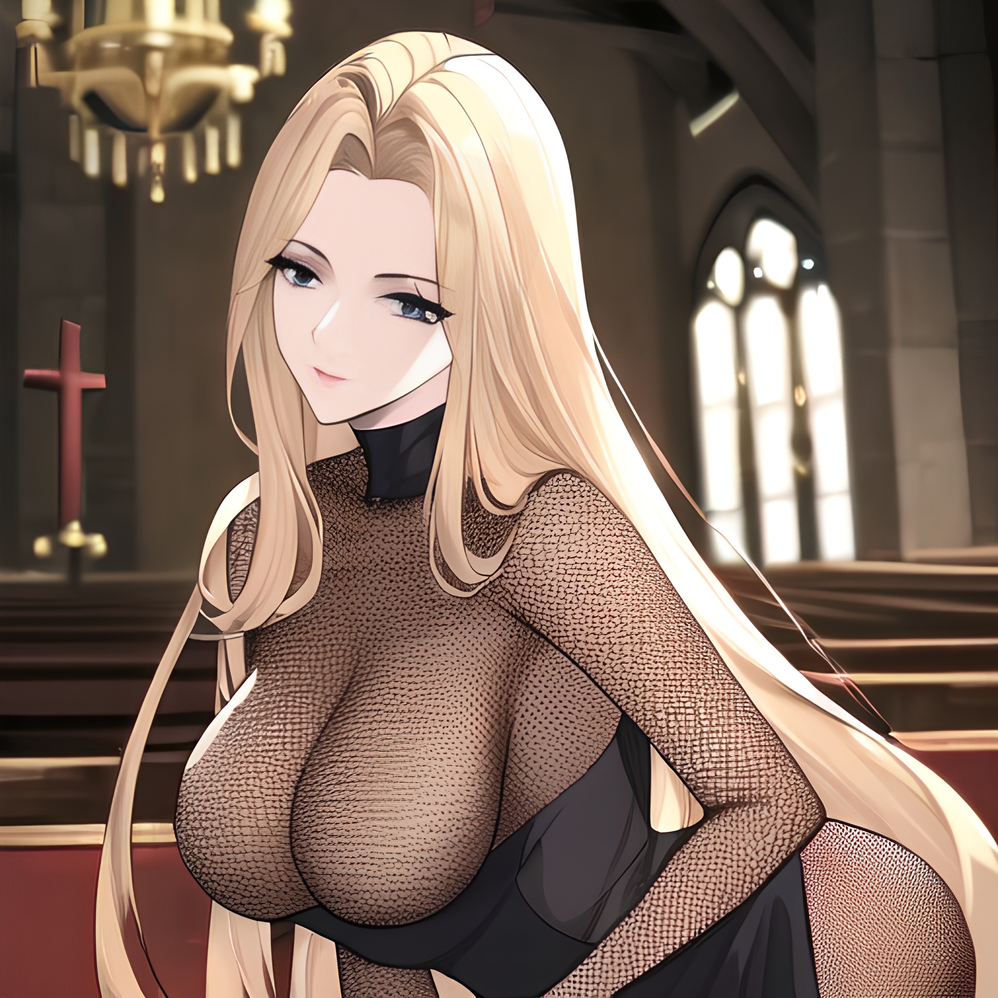 blonde front view woman fishnet long hair nude church small boobs