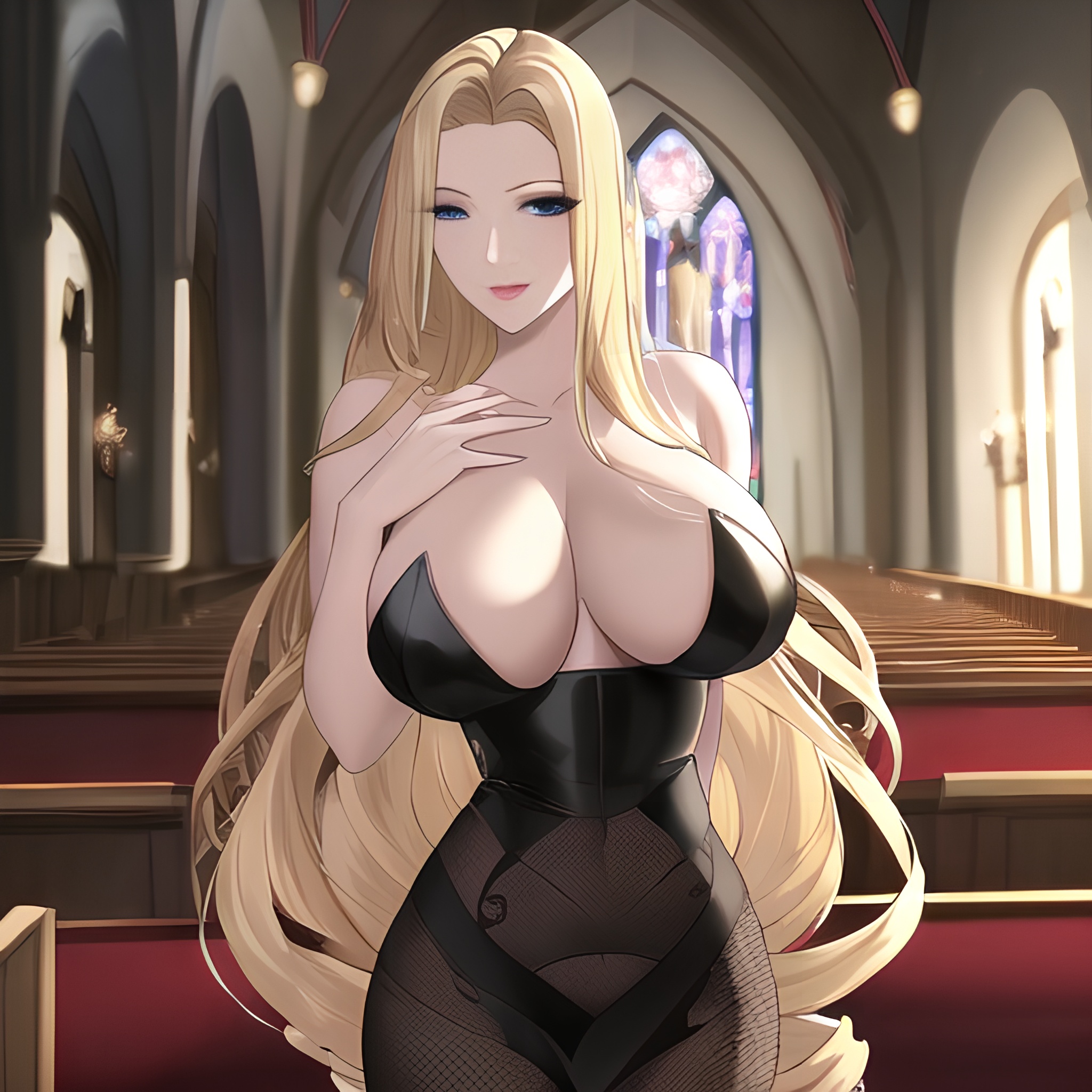blonde long hair fishnet church woman nude front view small boobs 