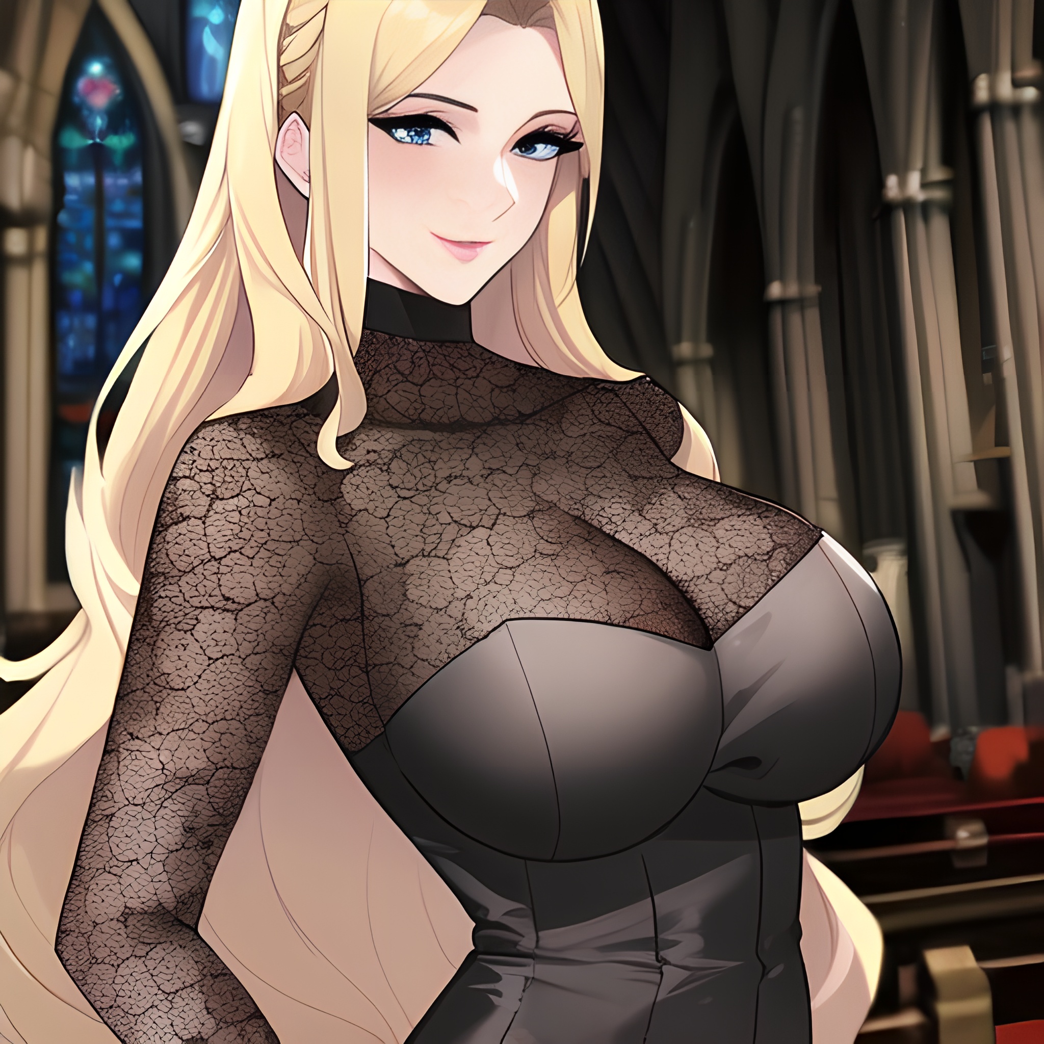 blonde long hair front view fishnet woman small boobs church nude 