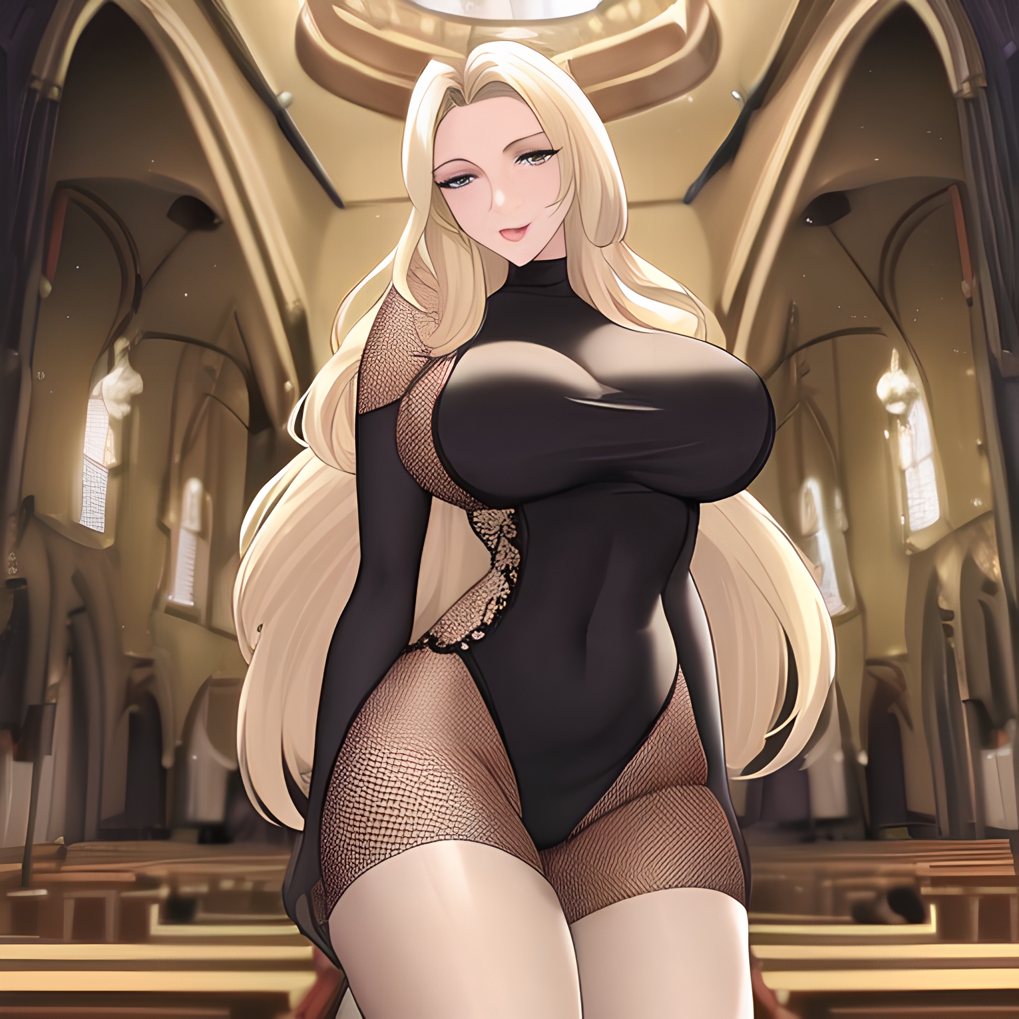blonde long hair front view small boobs church woman fishnet nude 