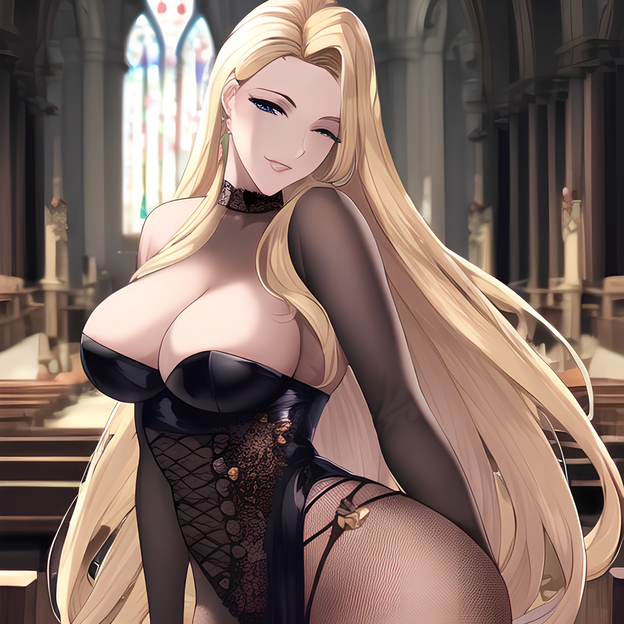 blonde long hair small boobs woman nude front view church fishnet