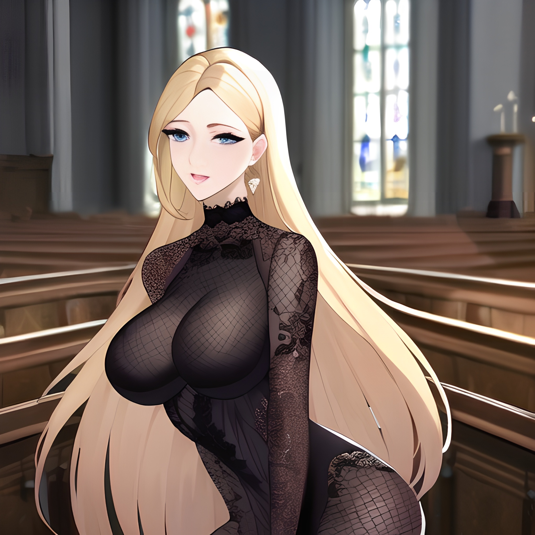 blonde nude church small boobs long hair woman front view fishnet 