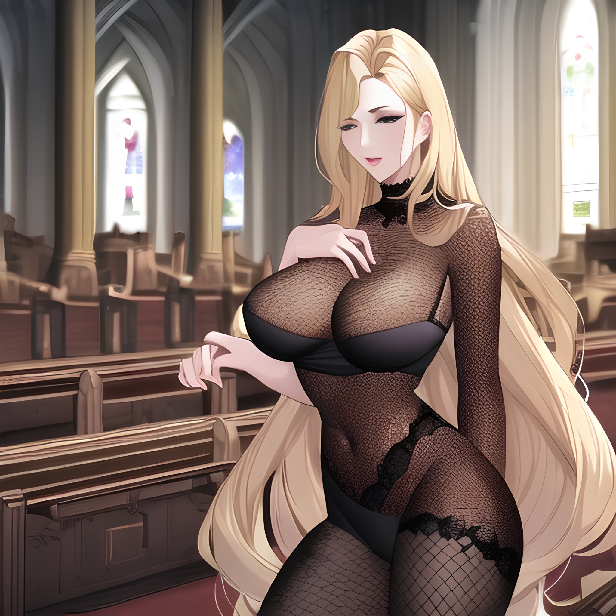 blonde nude fishnet long hair church woman front view small boobs