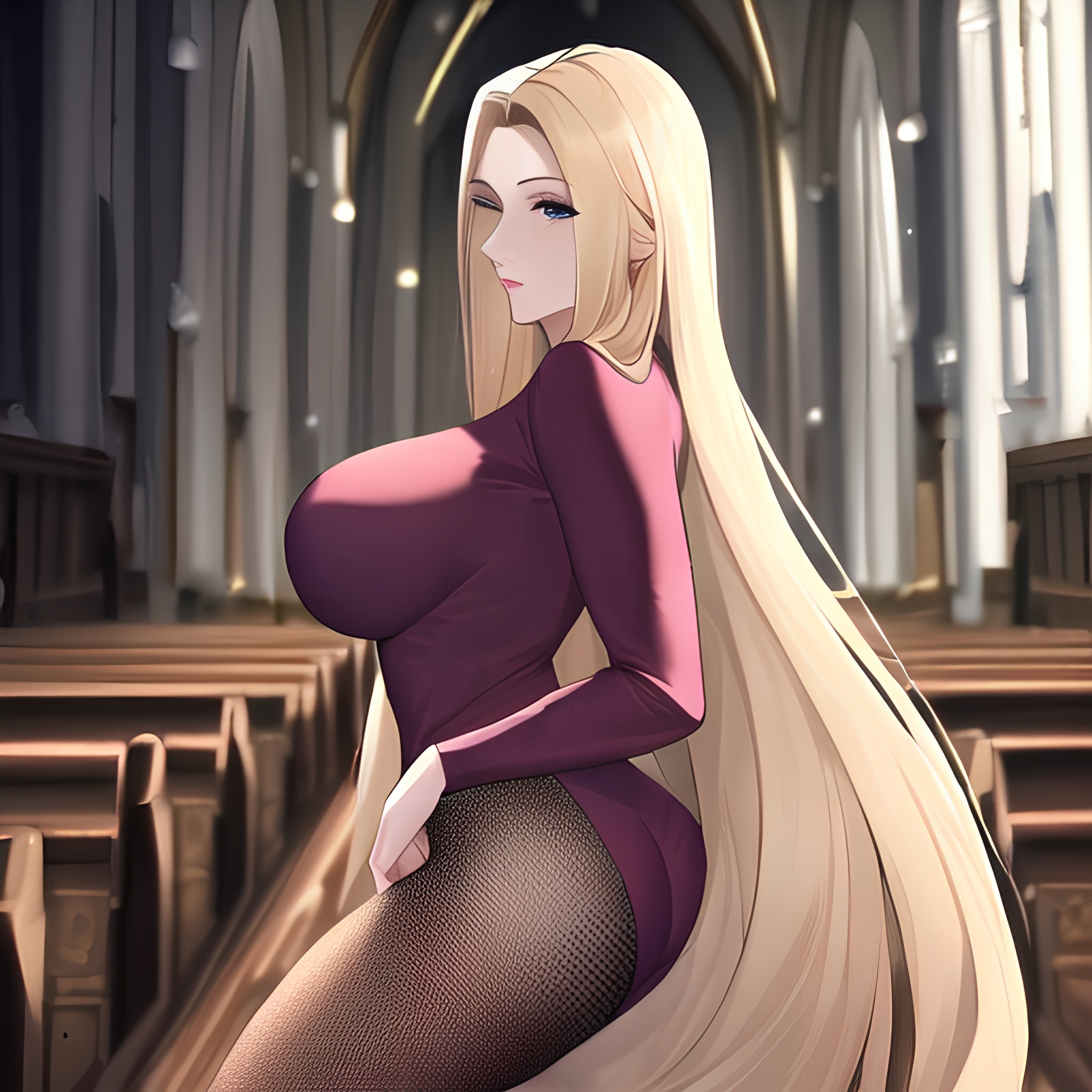 blonde nude fishnet small boobs woman church front view long hair 