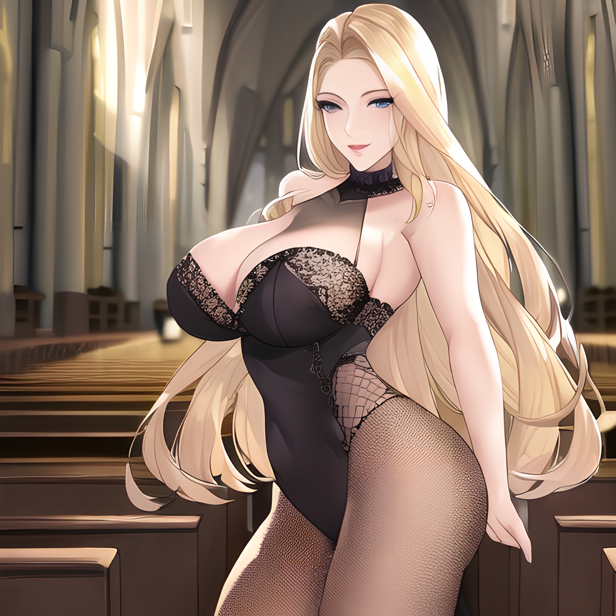 blonde nude front view fishnet woman long hair church small boobs 