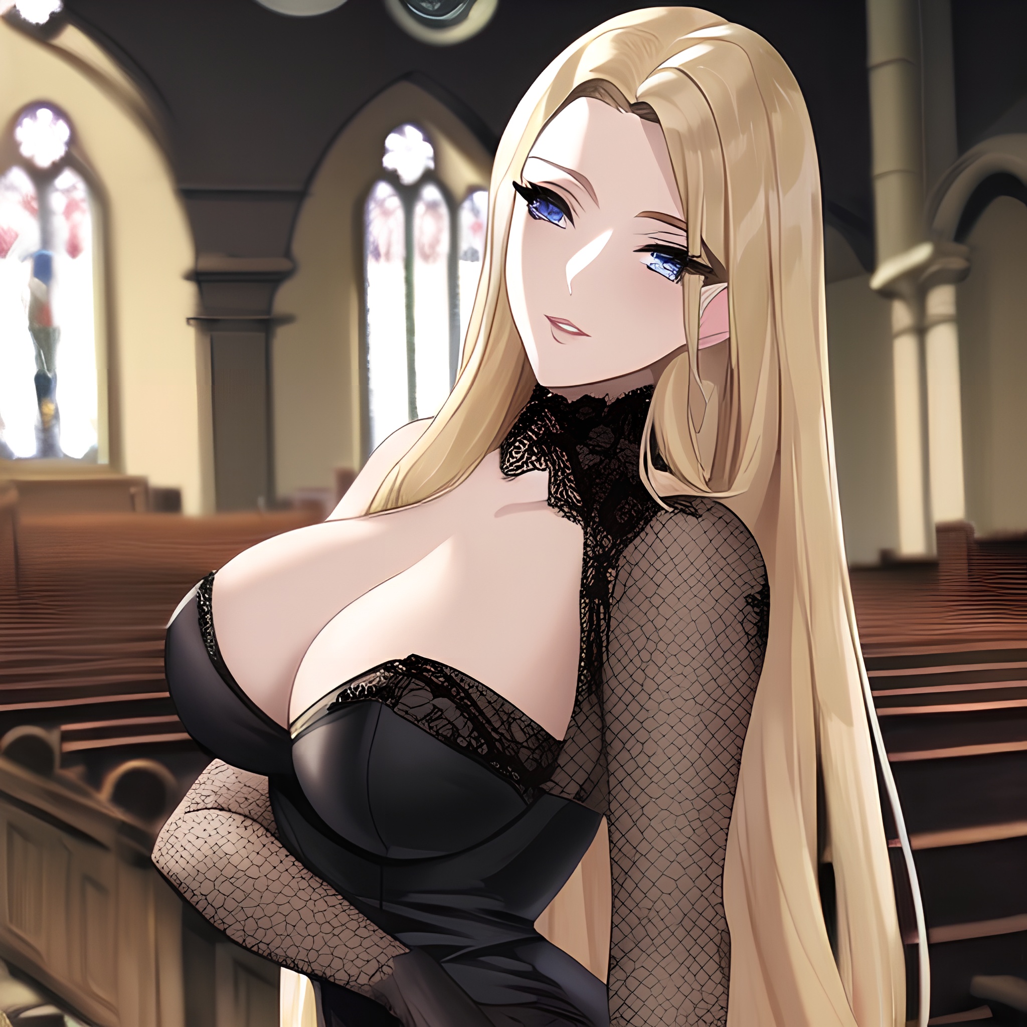 blonde nude front view long hair small boobs fishnet woman church