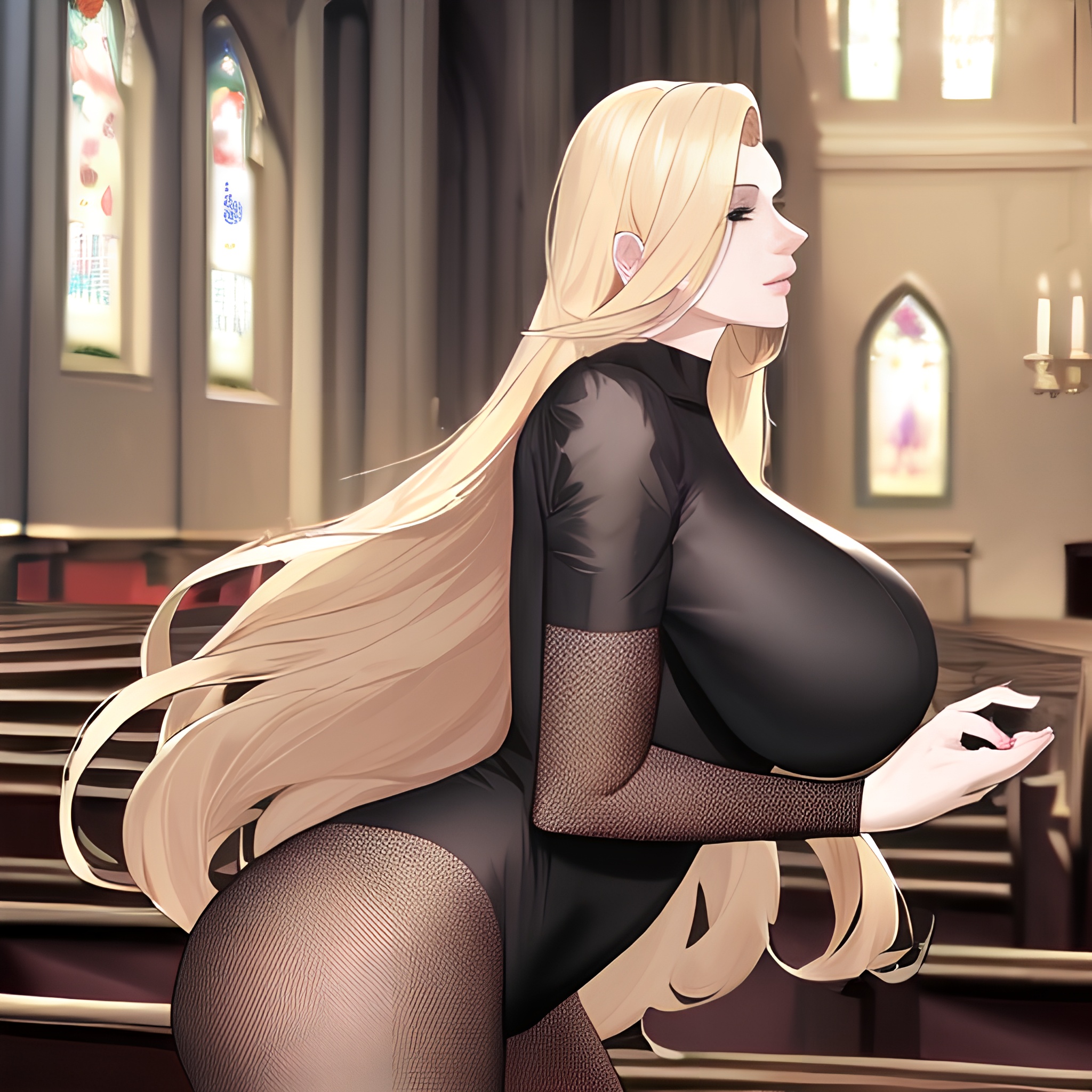 blonde nude front view long hair woman fishnet church small boobs 