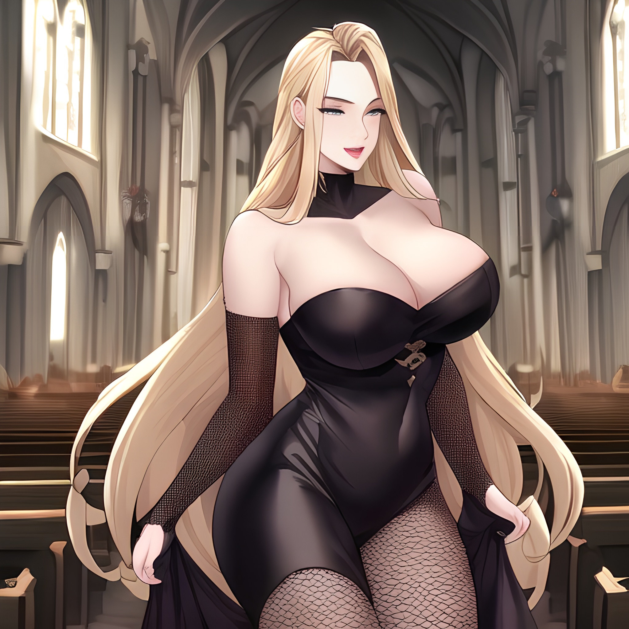 blonde nude long hair fishnet small boobs church woman front view 