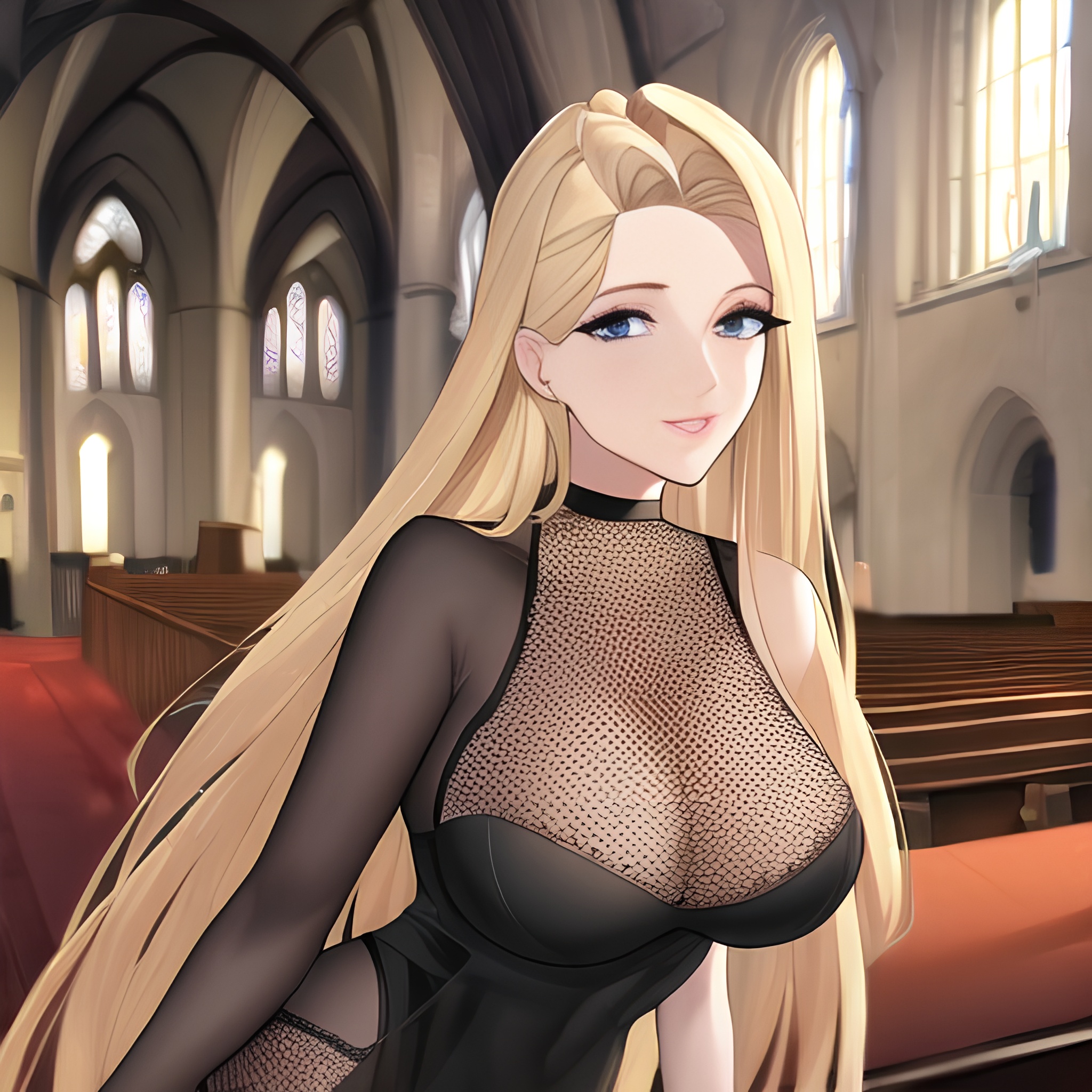 blonde nude small boobs front view church woman fishnet long hair 