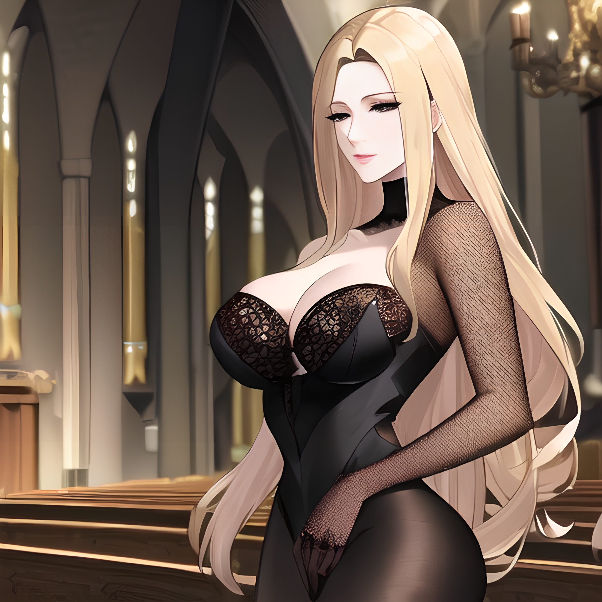 blonde nude small boobs woman fishnet long hair front view church 