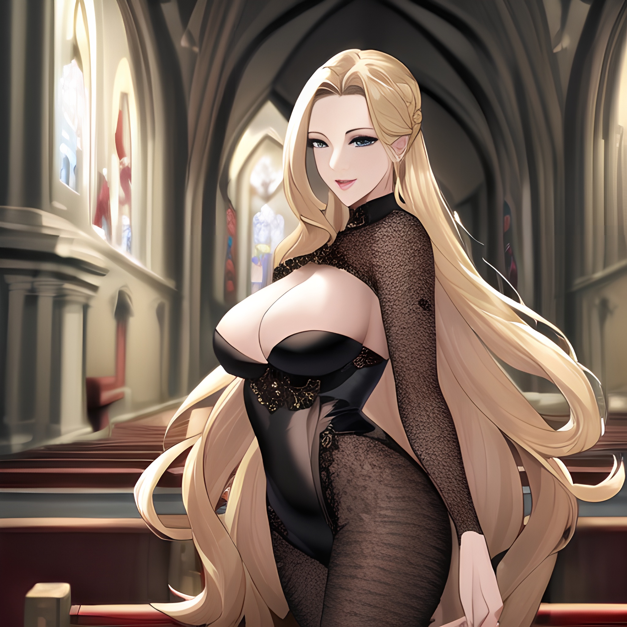 blonde nude woman fishnet front view small boobs church long hair 