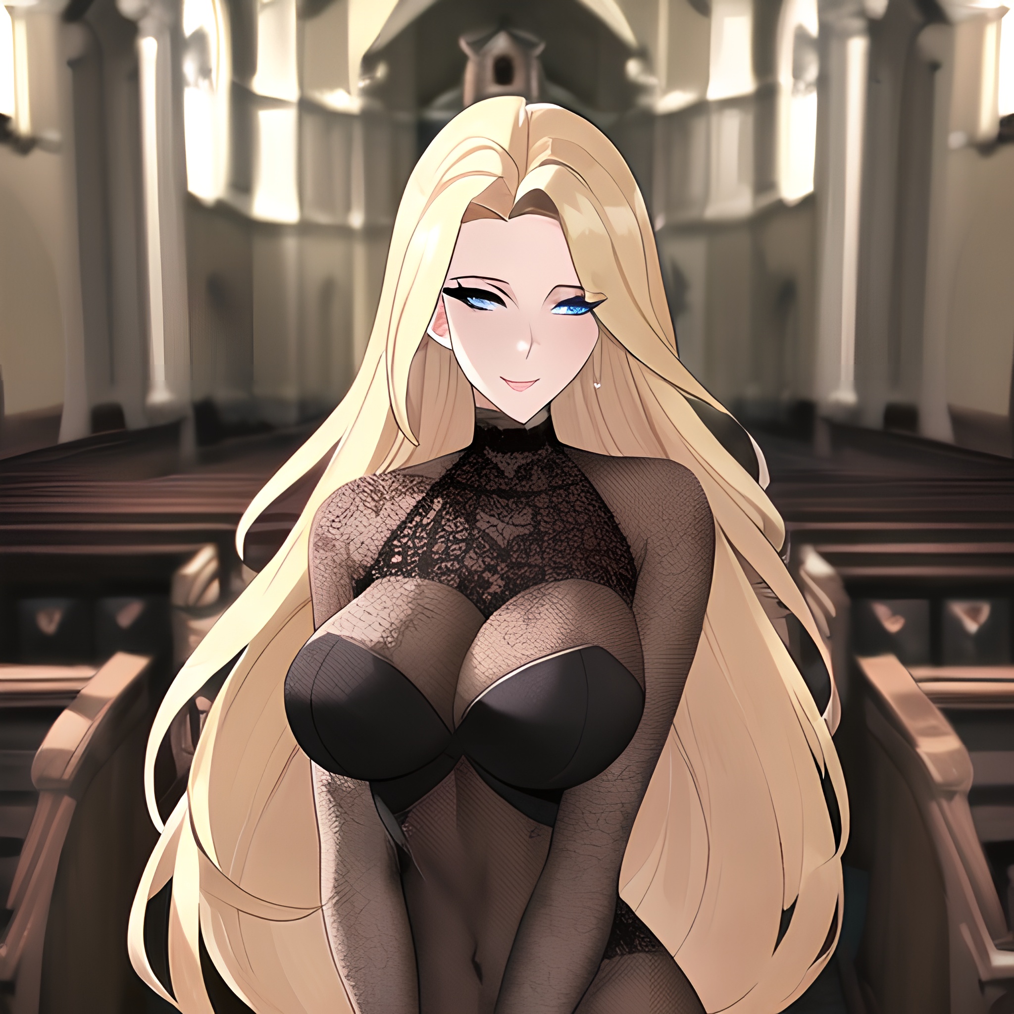 blonde nude woman long hair church front view fishnet small boobs 
