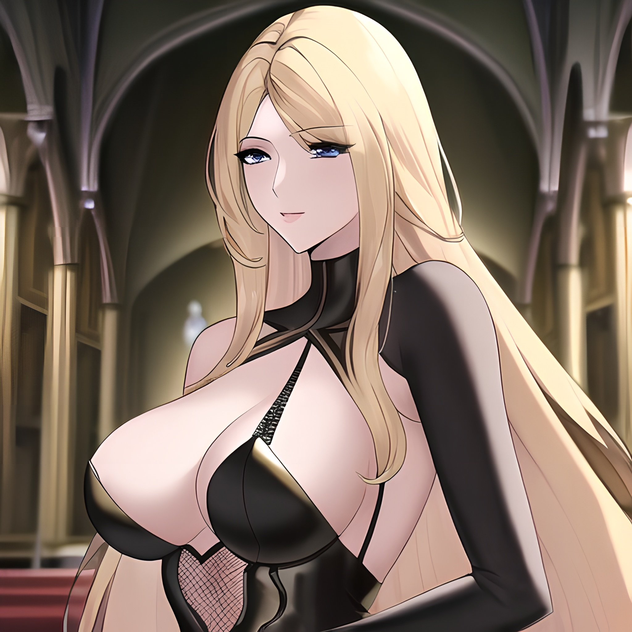 blonde small boobs fishnet woman front view long hair church nude 