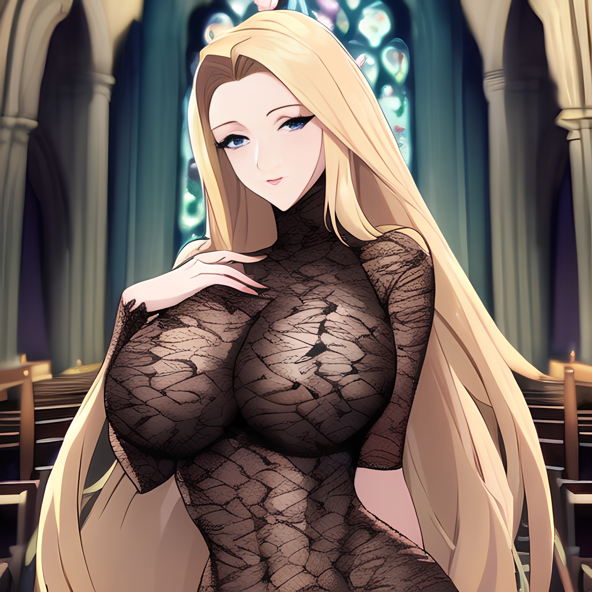 blonde small boobs front view nude woman church fishnet long hair 