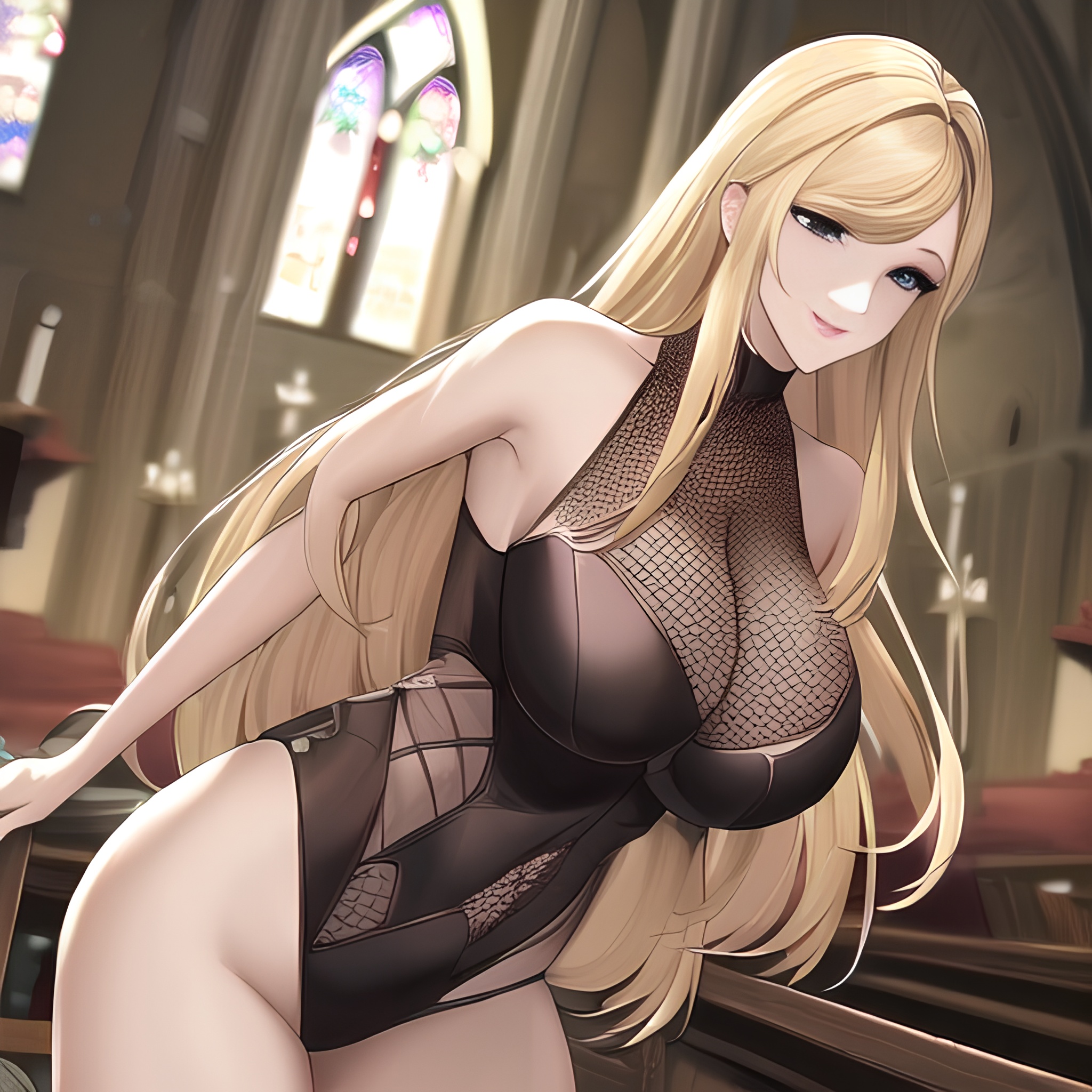 blonde small boobs long hair church woman front view nude fishnet 