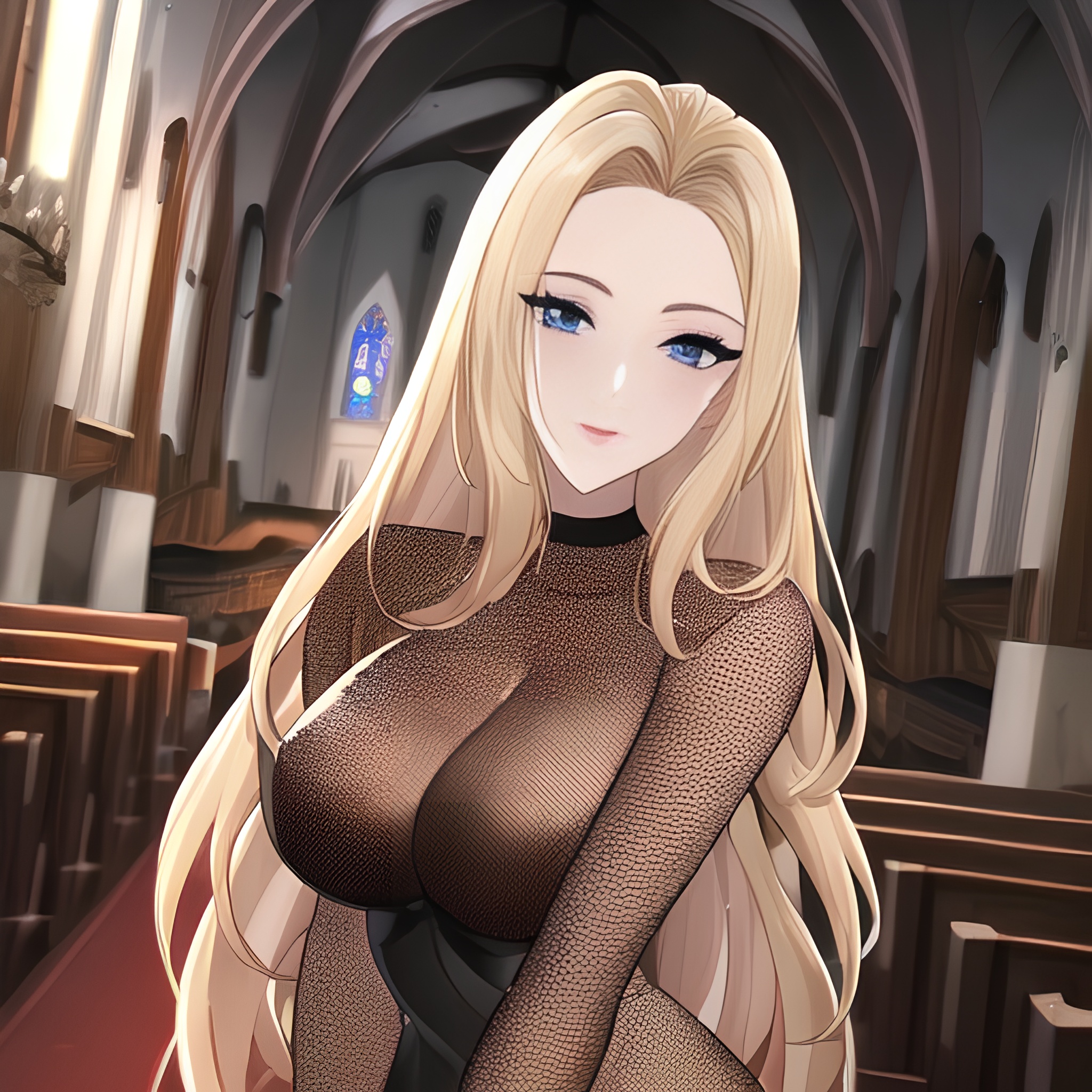 blonde woman church fishnet long hair front view nude small boobs