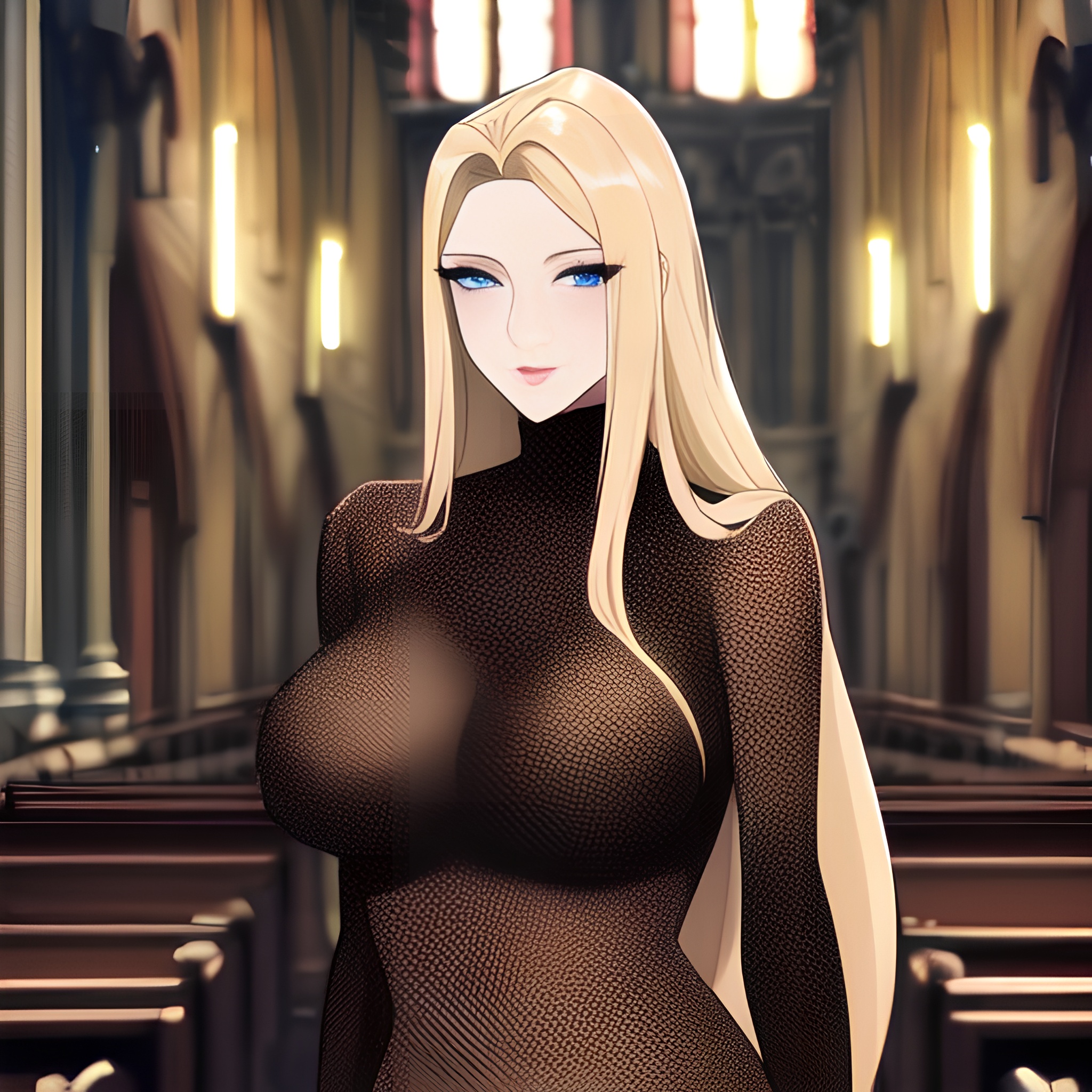 blonde woman church small boobs front view nude fishnet long hair 