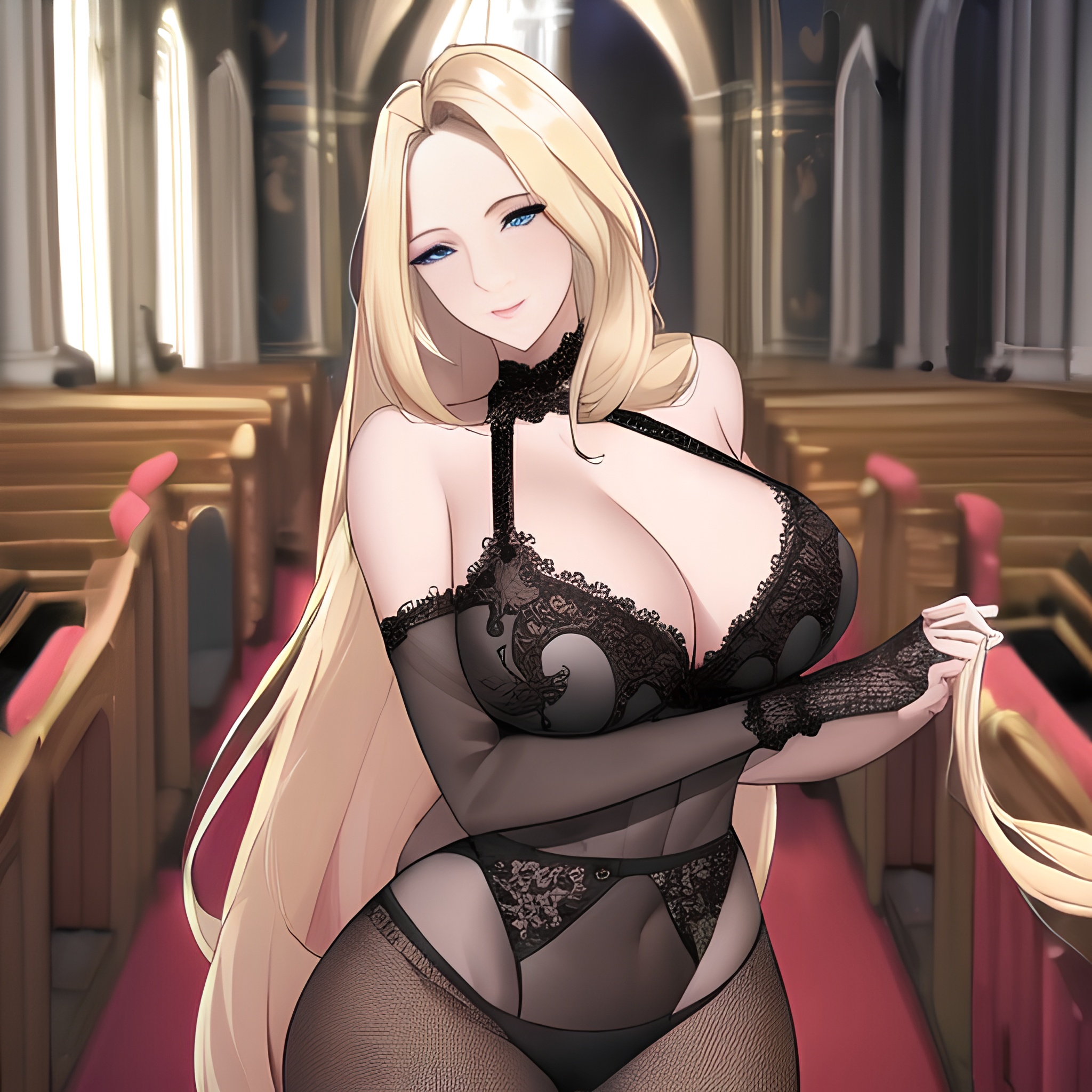 blonde woman fishnet front view long hair small boobs church nude 