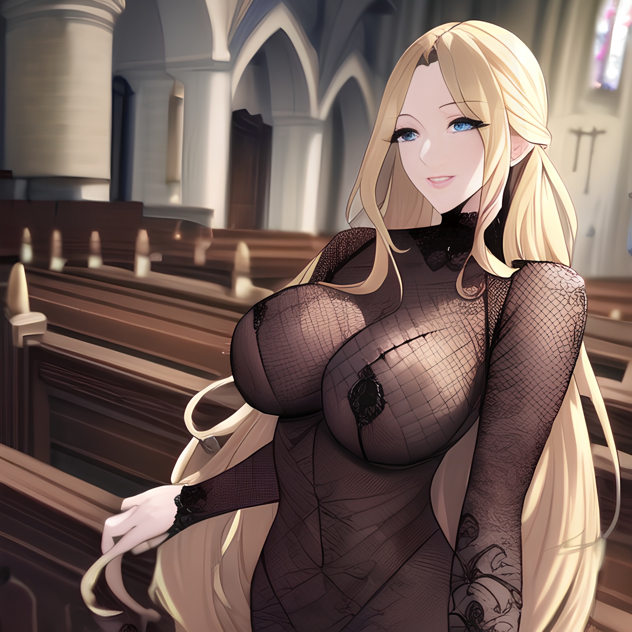 blonde woman fishnet long hair small boobs nude church front view 