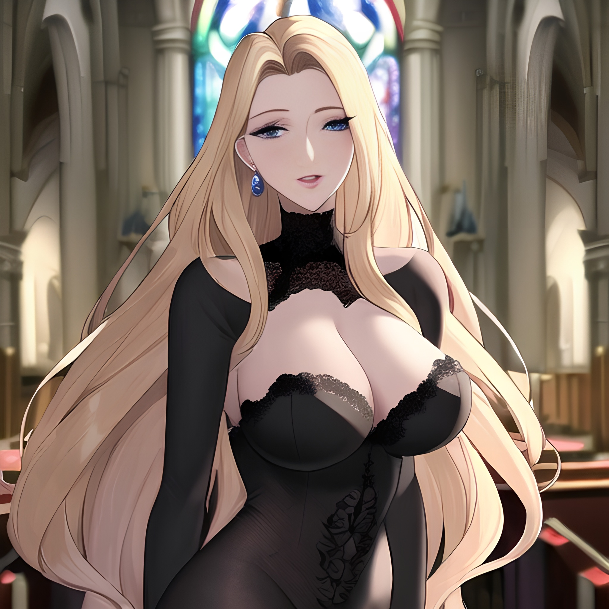 blonde woman fishnet small boobs long hair front view church nude