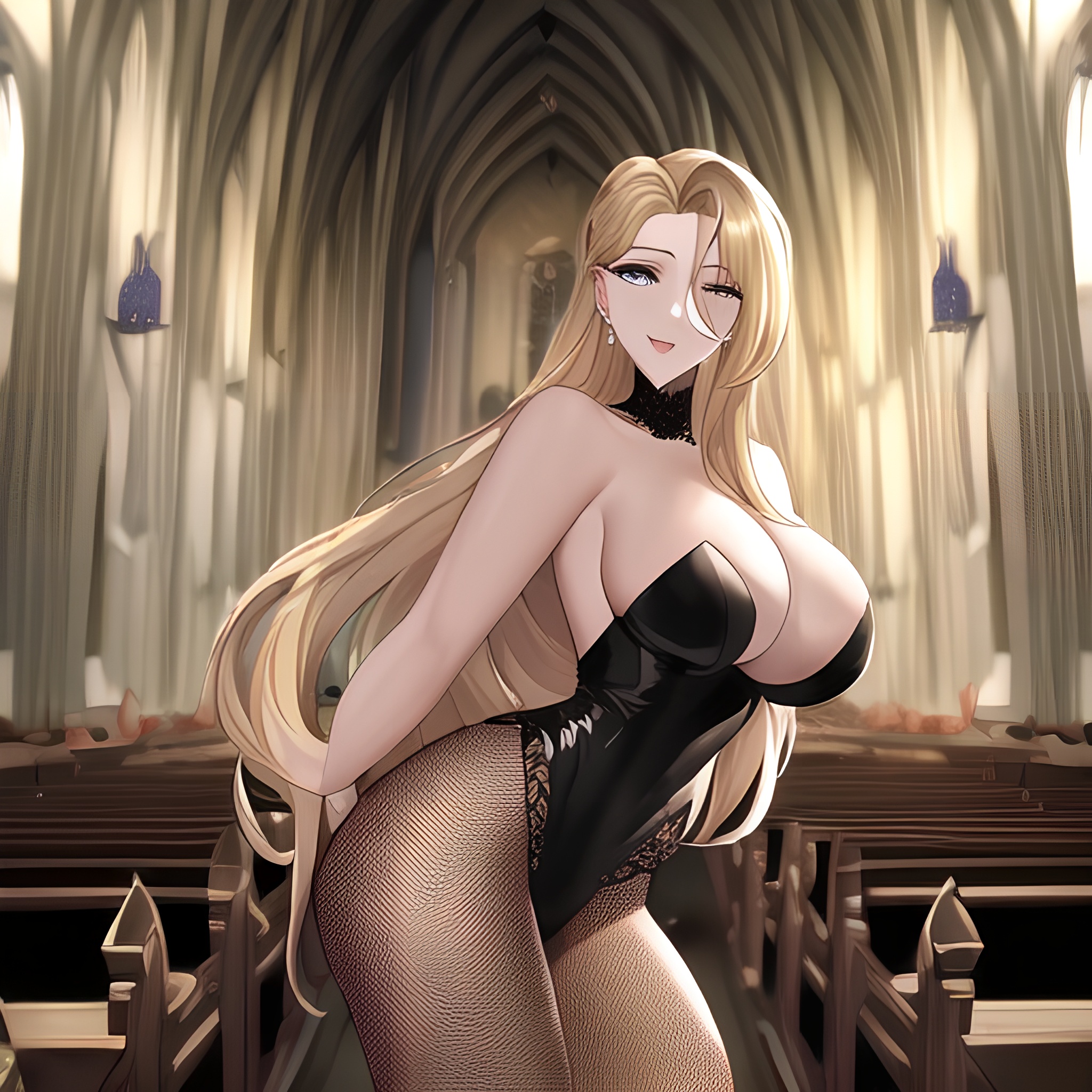 blonde woman nude front view long hair church small boobs fishnet 