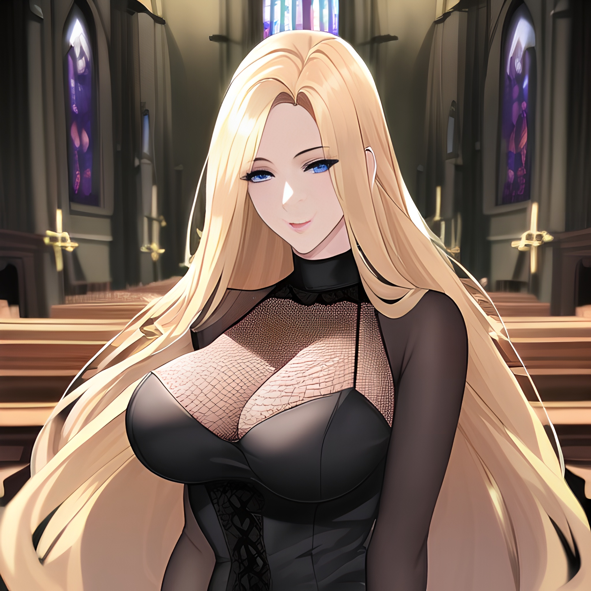 blonde woman nude small boobs front view church fishnet long hair 