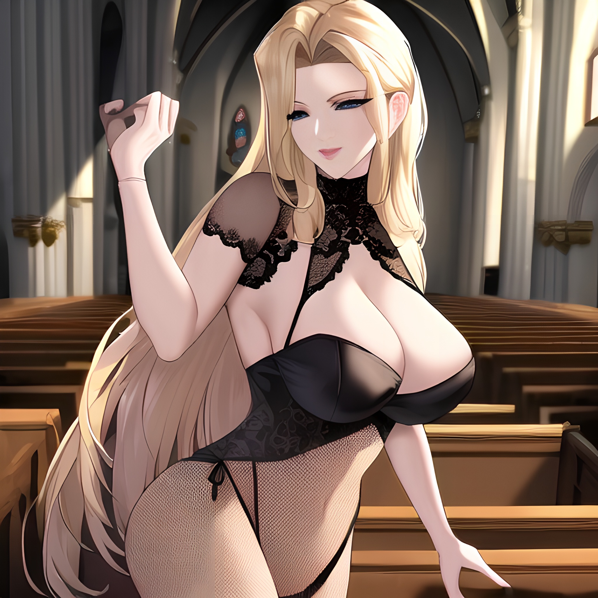 blonde woman small boobs church long hair fishnet front view nude 