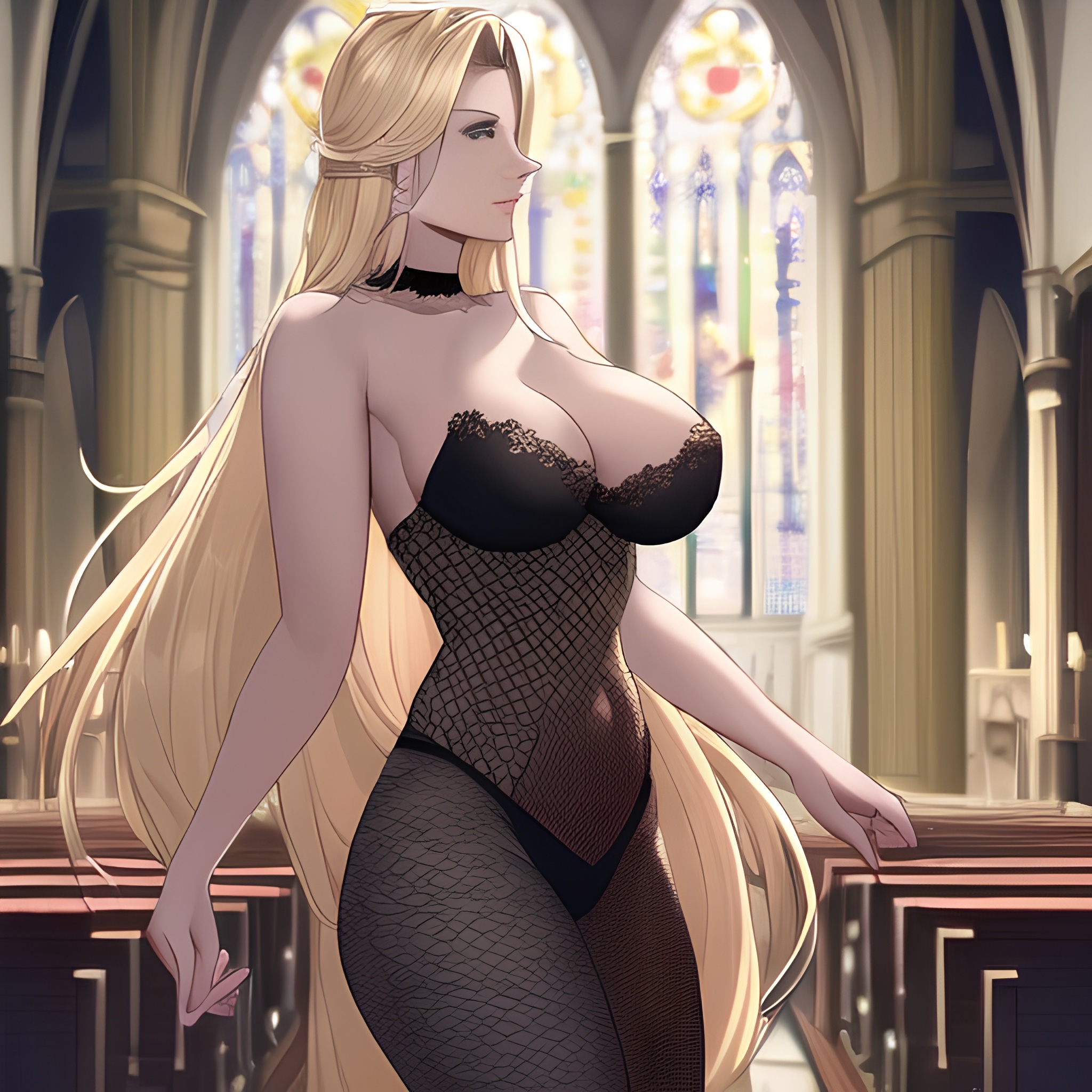 church blonde fishnet nude long hair front view small boobs woman