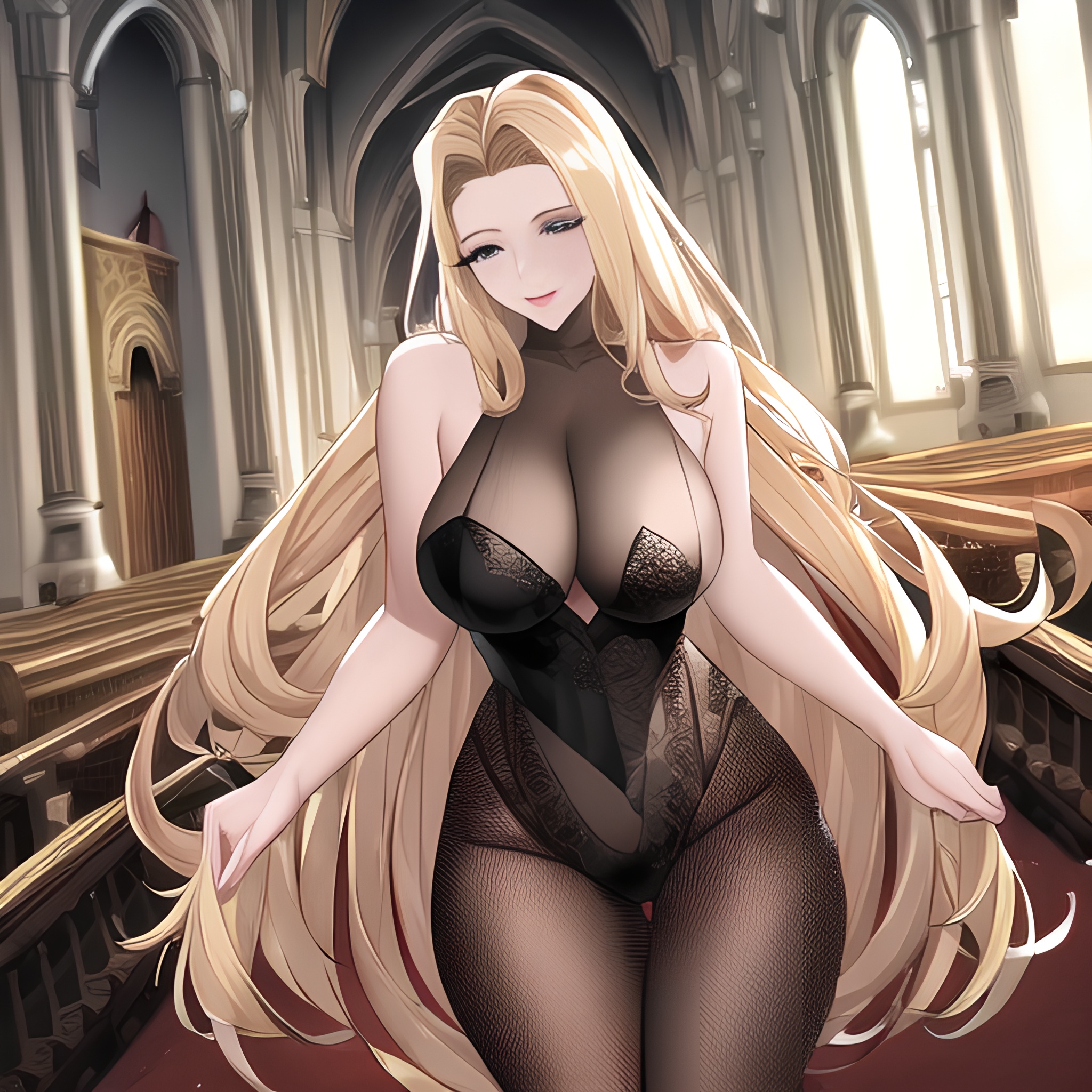 church blonde fishnet woman front view small boobs long hair nude
