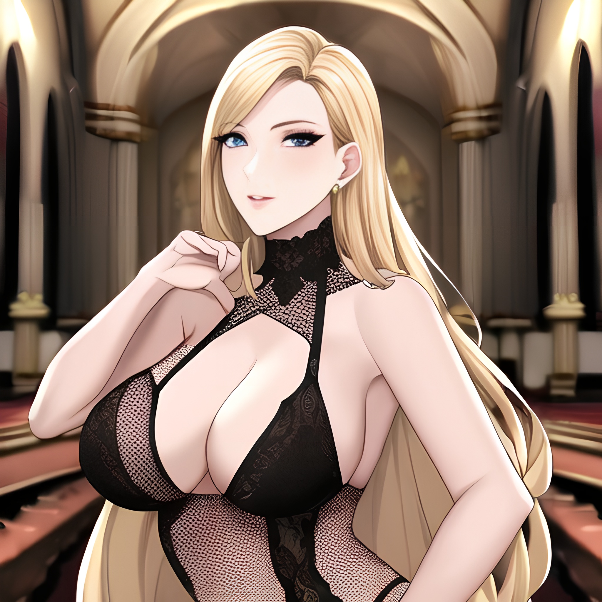 church blonde fishnet woman small boobs nude long hair front view 