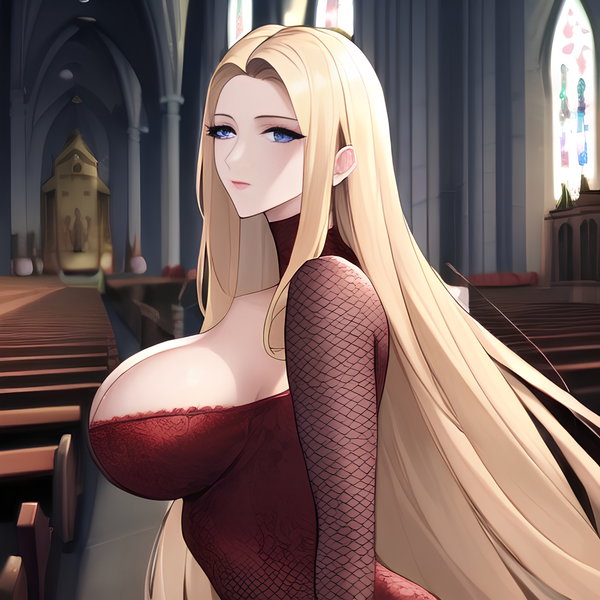 church blonde front view fishnet small boobs woman nude long hair 