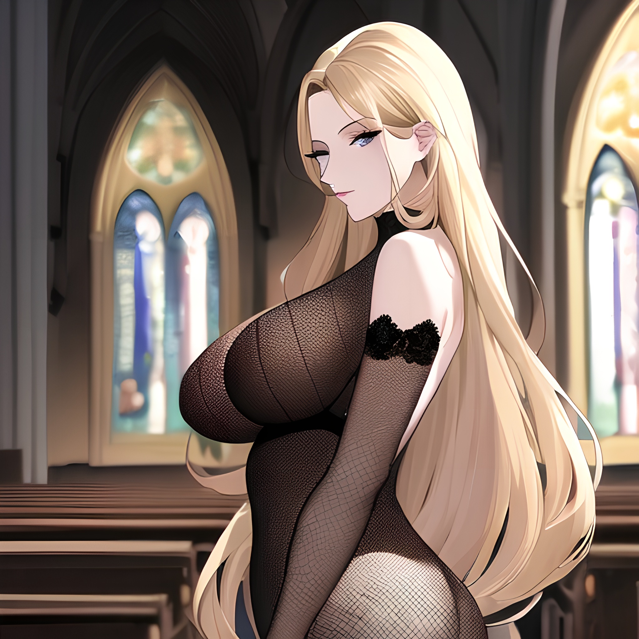 church blonde long hair nude woman fishnet front view small boobs