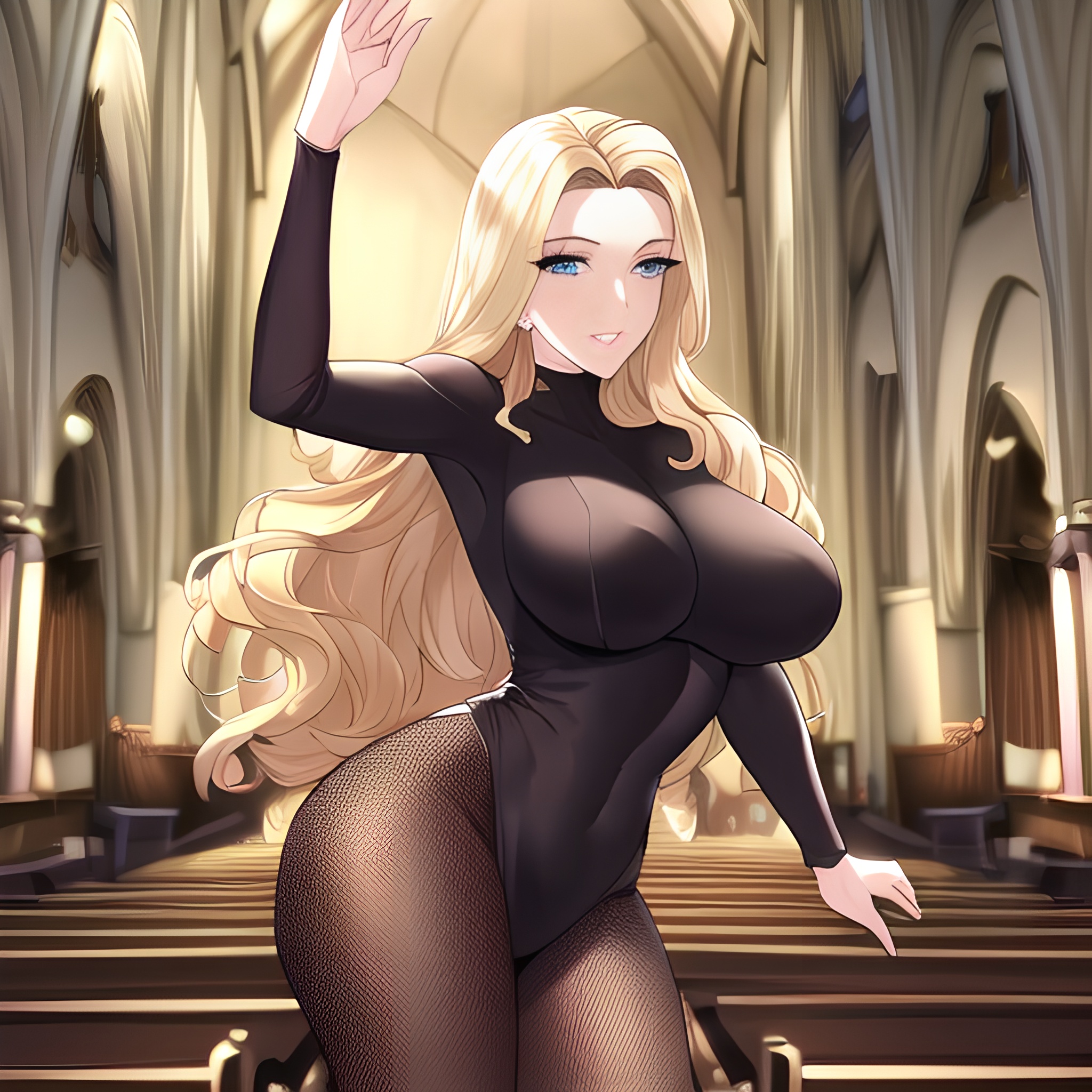 church blonde long hair small boobs front view nude fishnet woman 