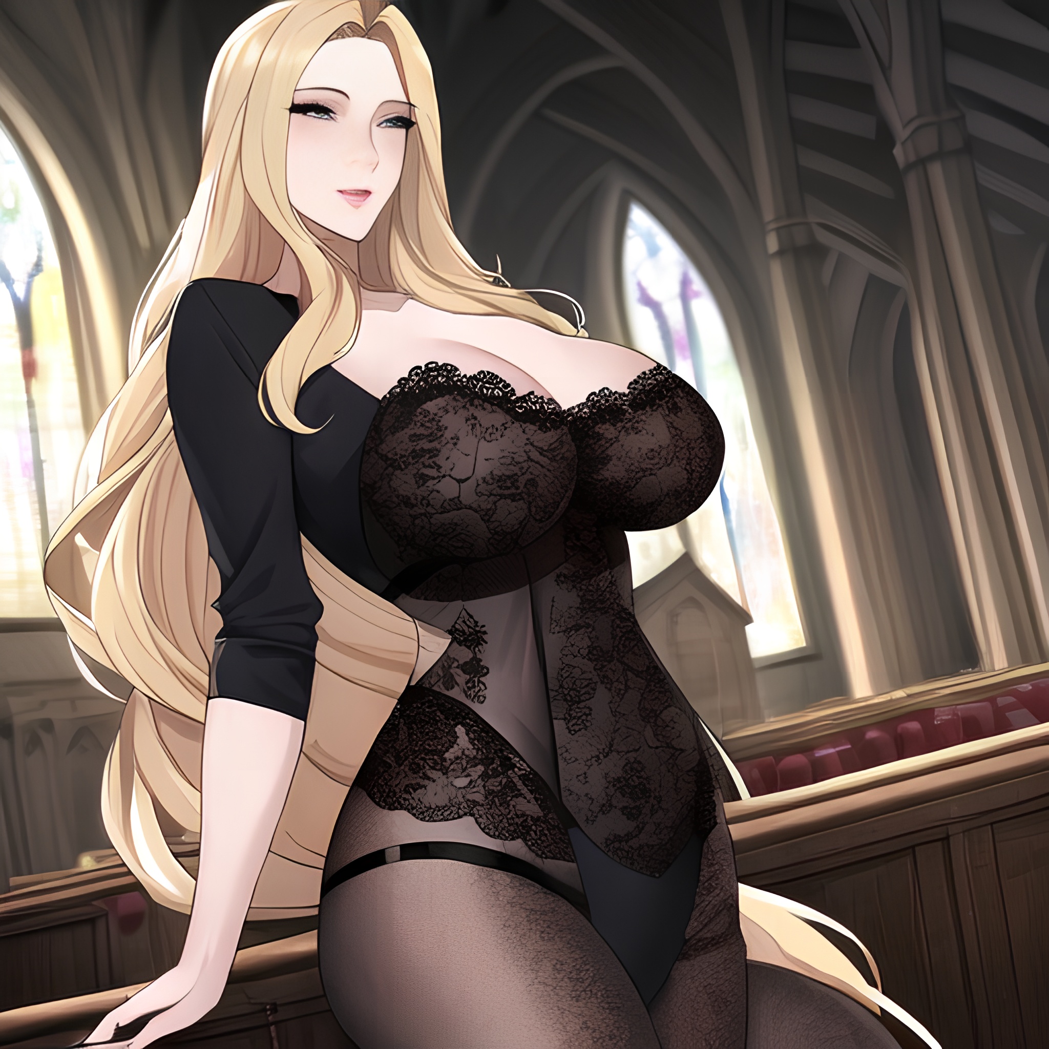 church blonde long hair small boobs woman front view fishnet nude 