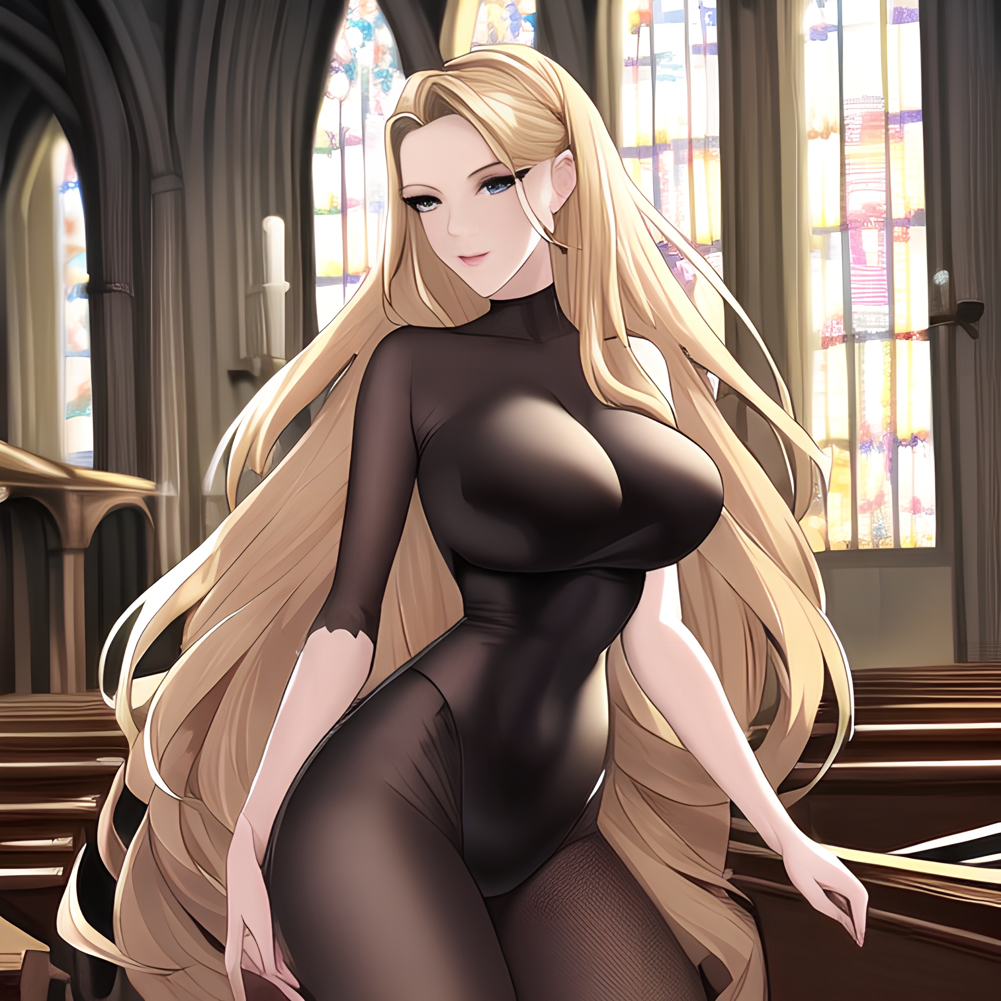 church blonde nude fishnet woman long hair small boobs front view 