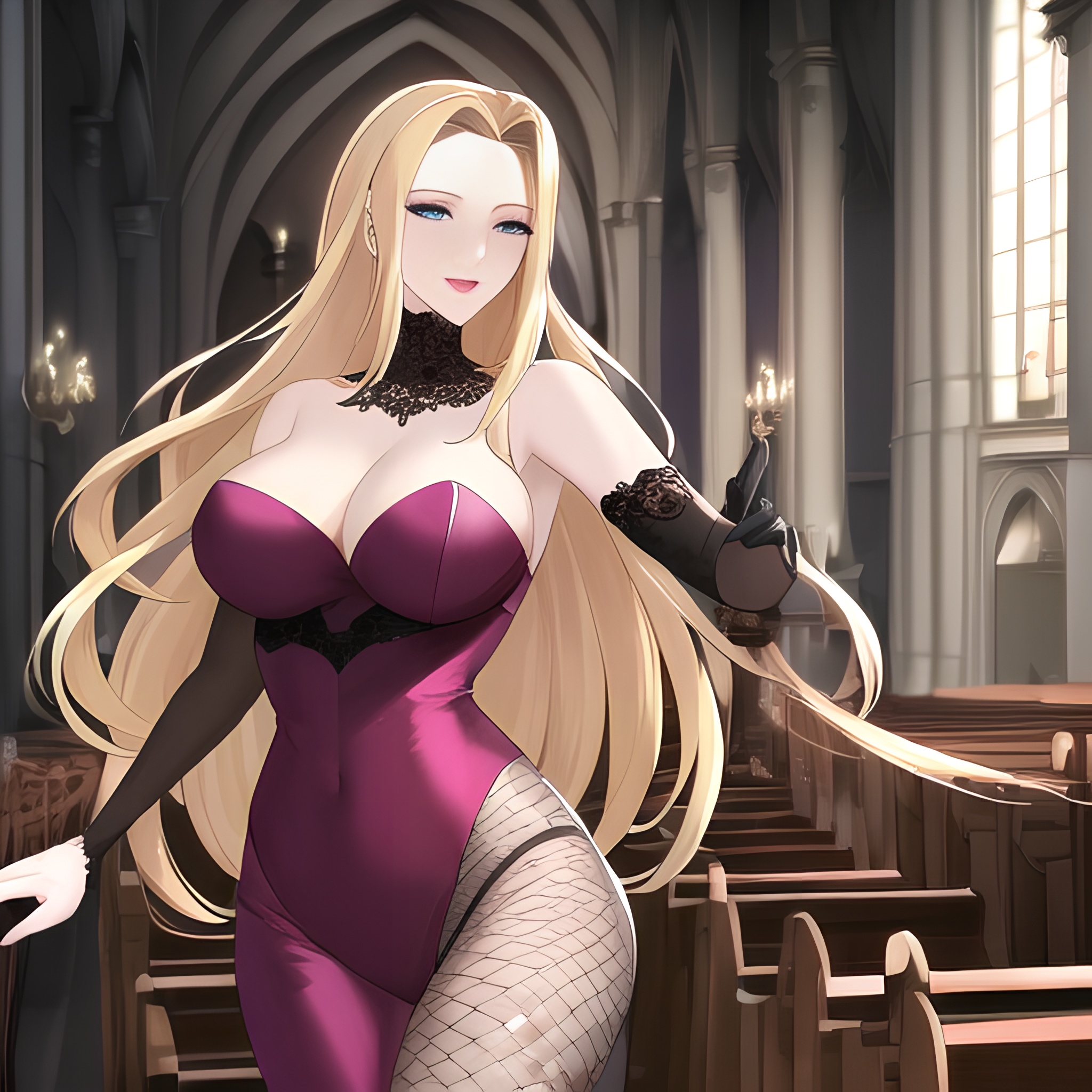 church blonde nude woman fishnet front view long hair small boobs 