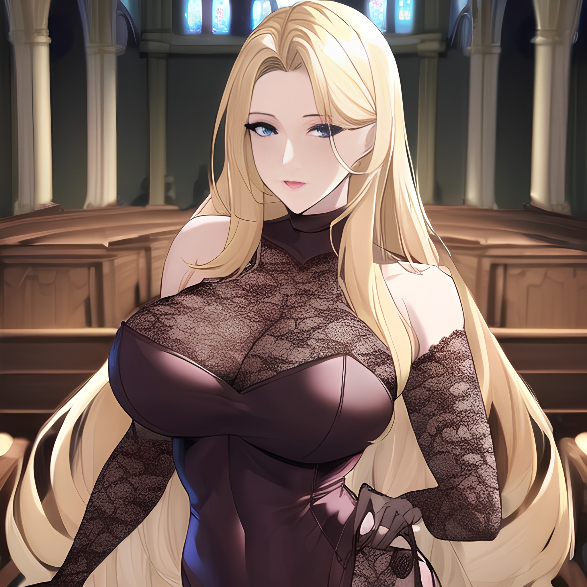 church blonde small boobs long hair nude woman front view fishnet 