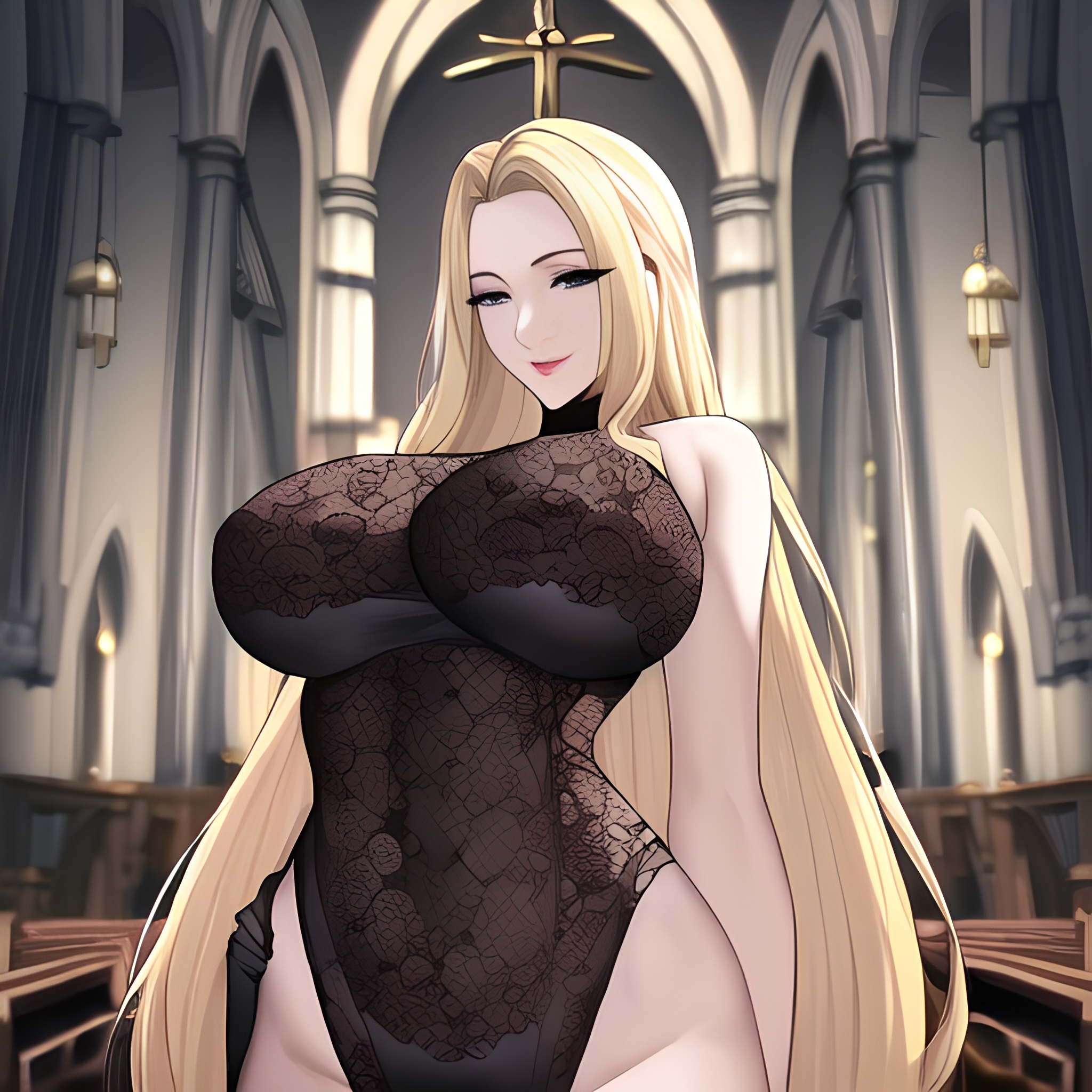 church blonde small boobs woman fishnet long hair front view nude 