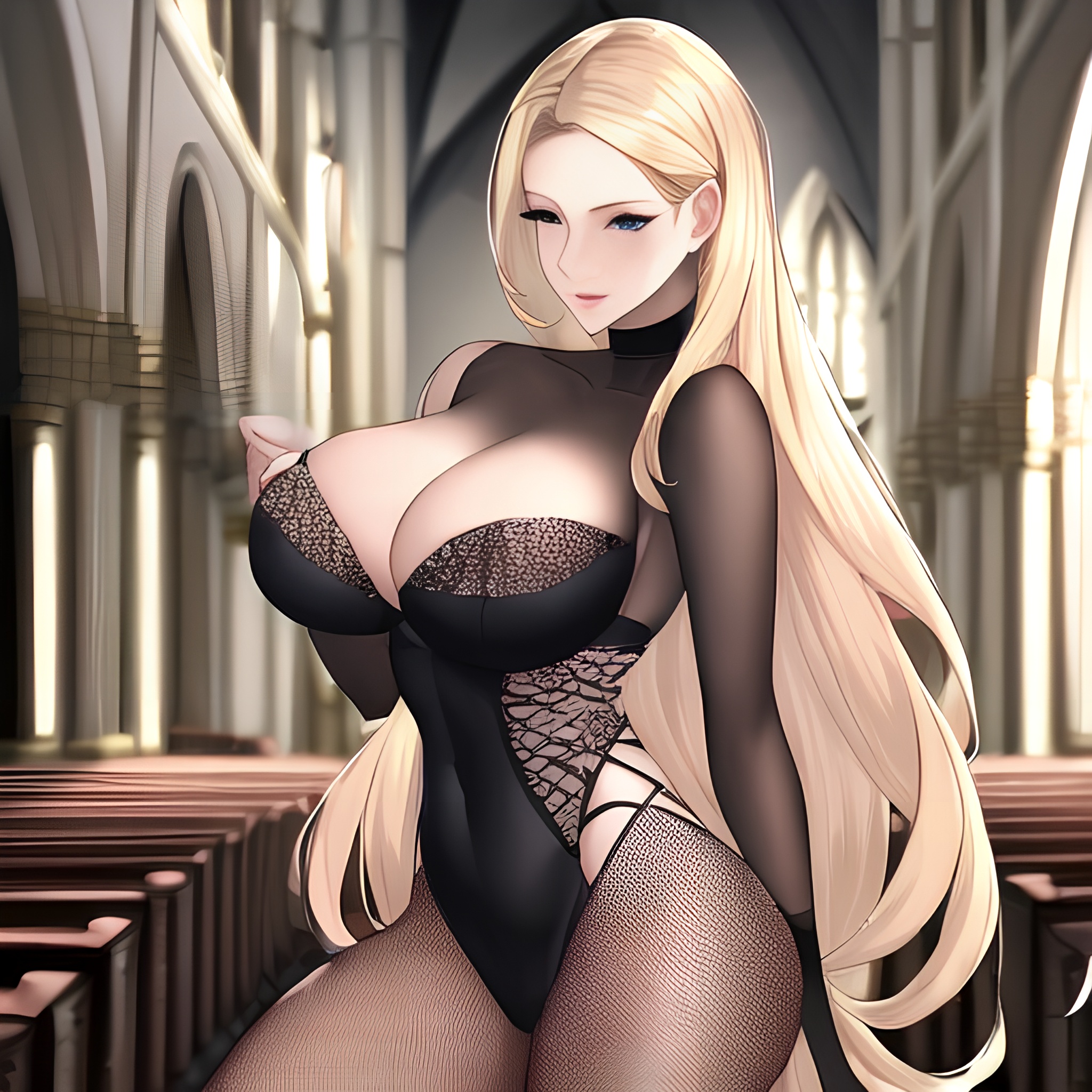 church blonde woman small boobs nude fishnet long hair front view 