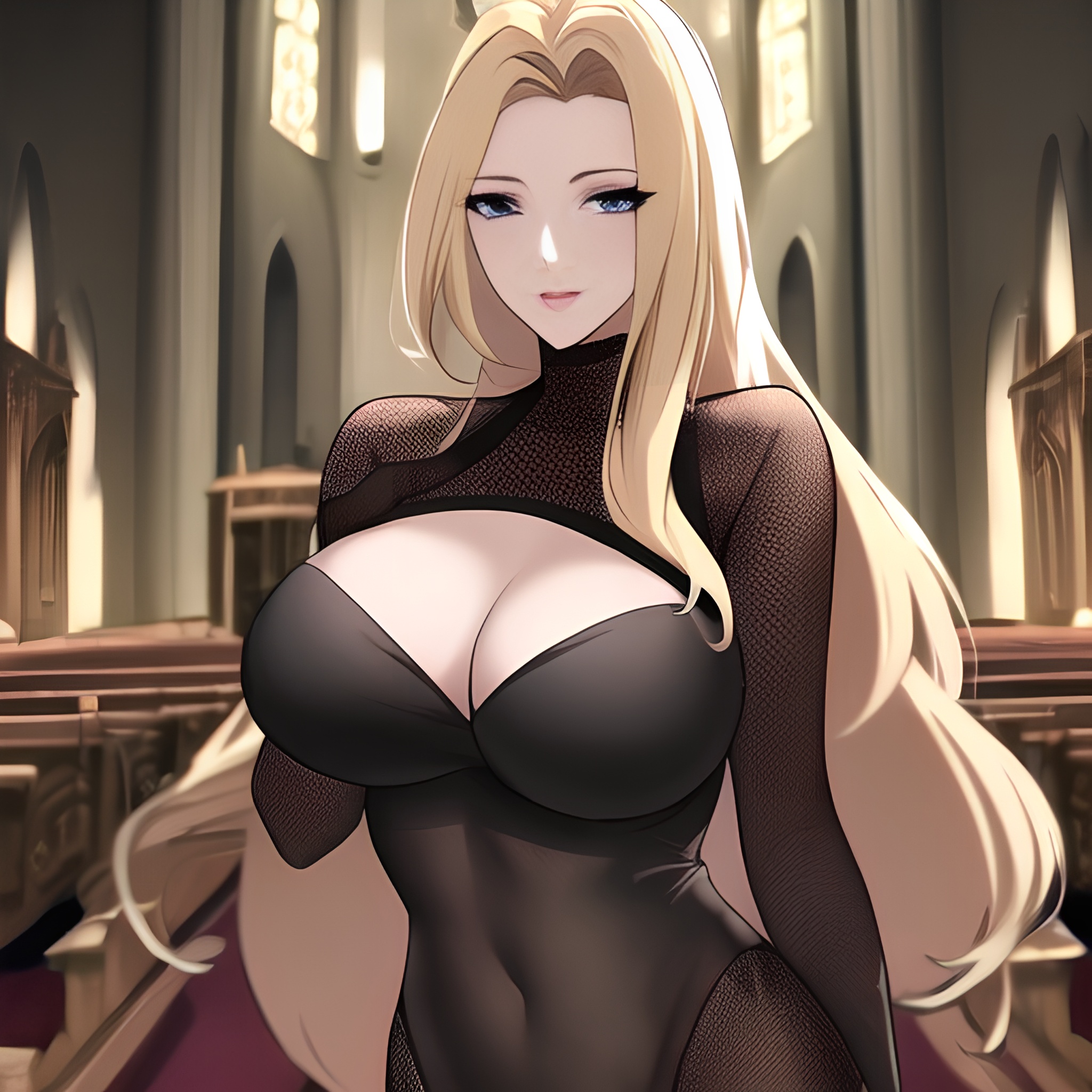 church fishnet blonde woman front view small boobs long hair nude 