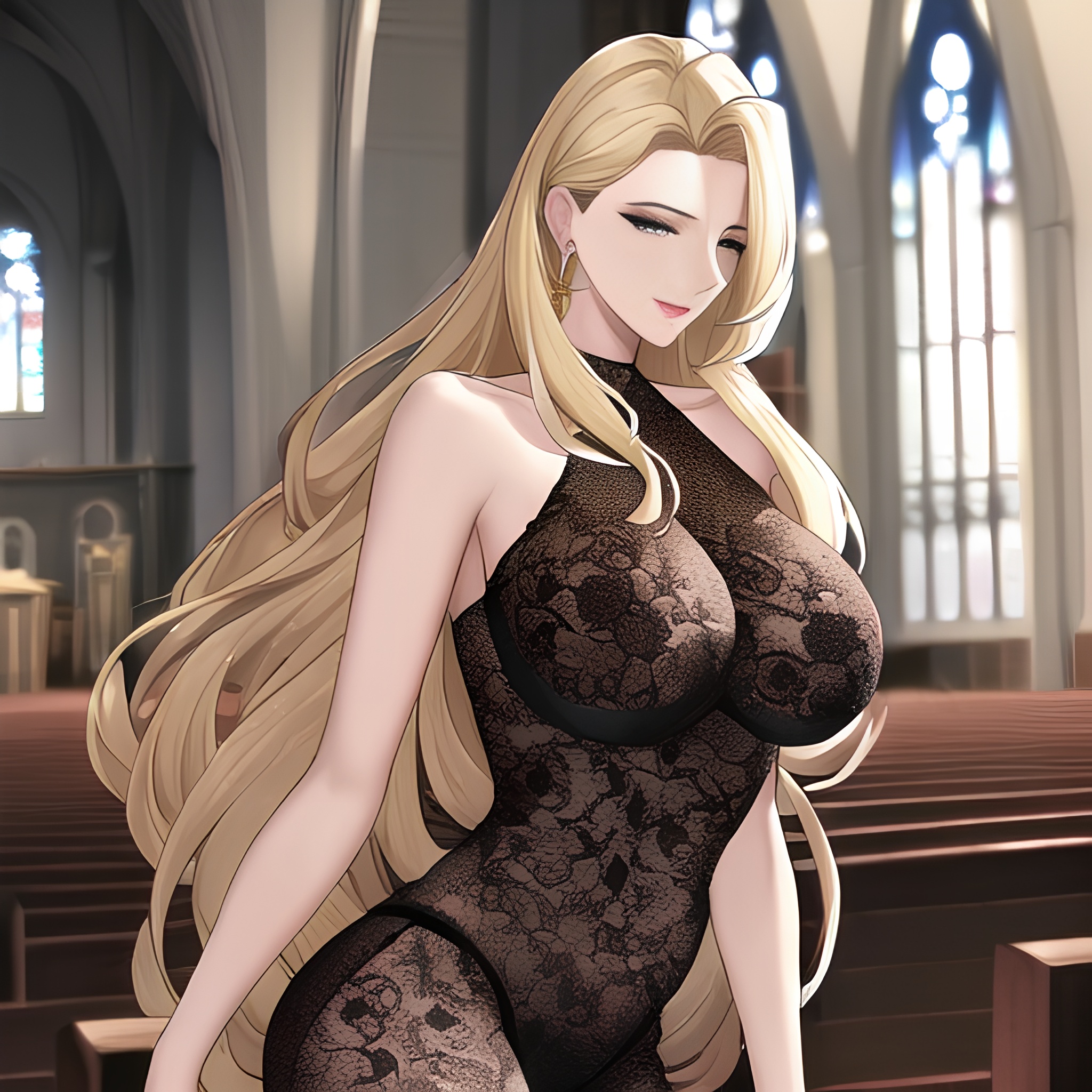 church fishnet blonde woman small boobs front view nude long hair 
