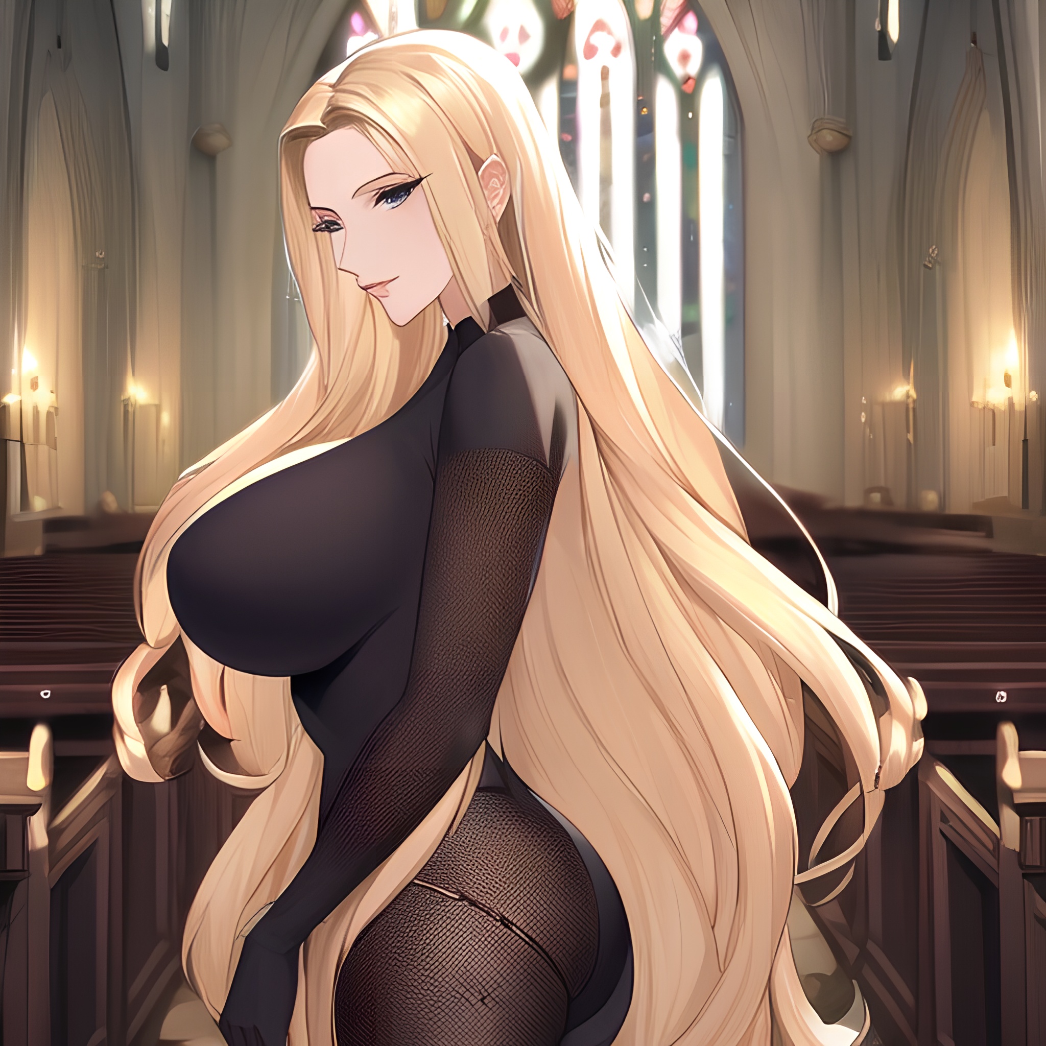 church fishnet front view blonde nude woman long hair small boobs 