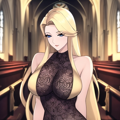church fishnet front view blonde small boobs long hair nude woman